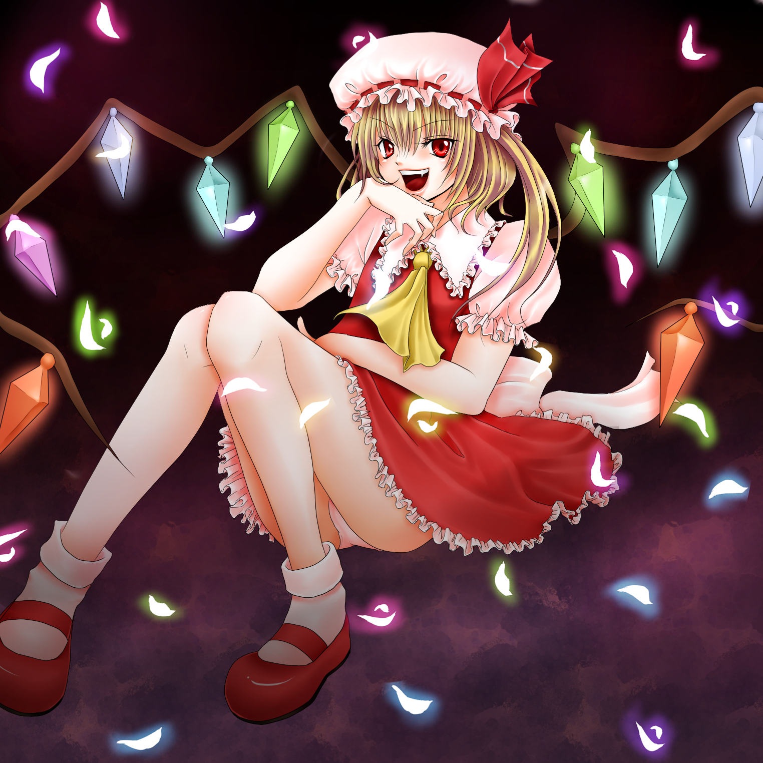 nayuzu, flandre scarlet, touhou, bad id, bad pixiv id, highres, 1girl, blonde hair, female focus, mary janes, one side up, ponytail, red eyes, shoes, short hair, side ponytail, solo, wings