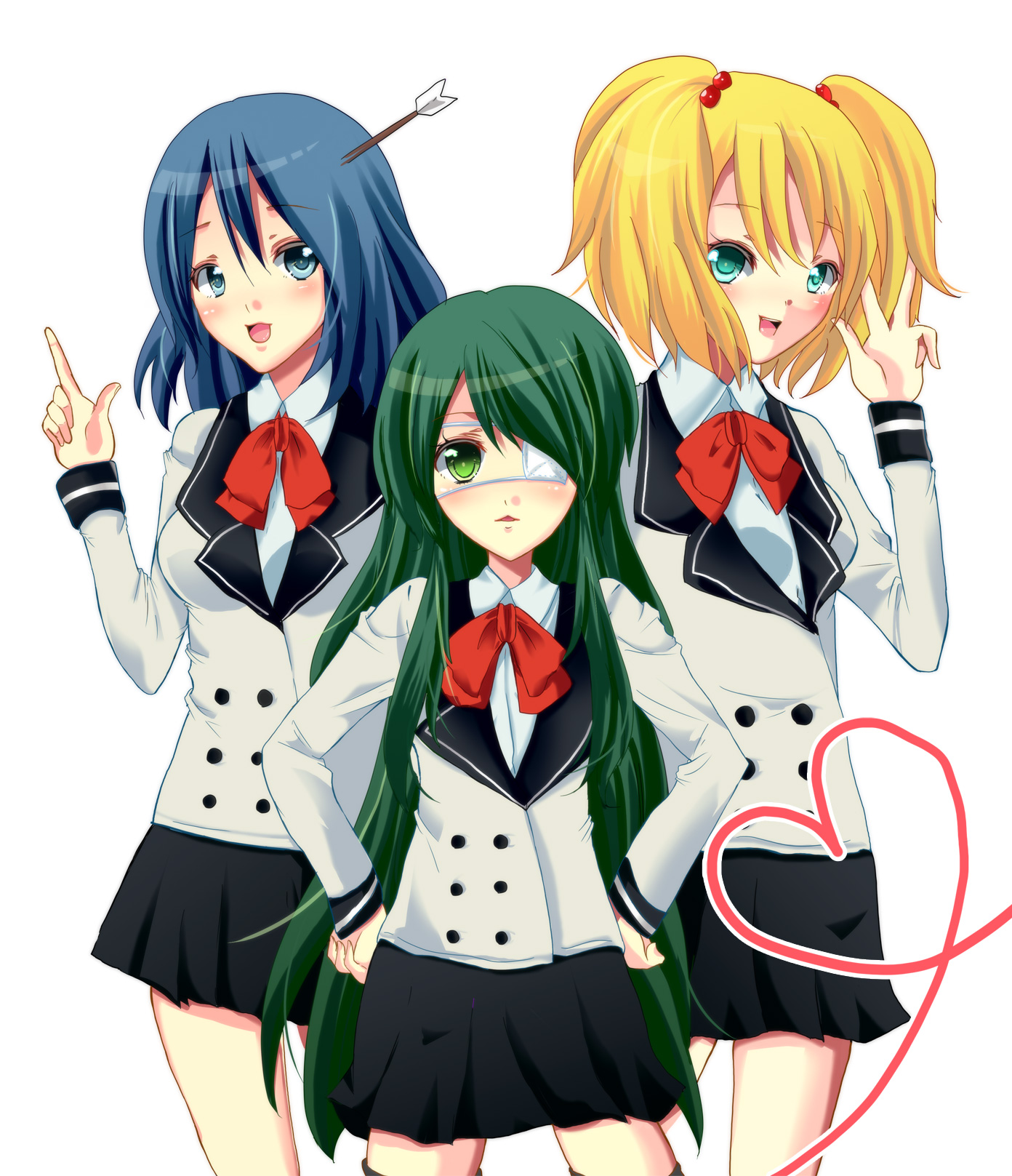 kyuruten, hoshino yachiho, itoi kaede, narahara kei, noberuge, bad id, bad pixiv id, highres, 3girls, arrow (projectile), arrow in body, arrow in head, blonde hair, blue eyes, blue hair, blush, eyepatch, green eyes, green hair, hair bobbles, hair ornament, hands on own hips, long hair, multiple girls, object through head, pointing, school uniform, short twintails, skirt, twintails, v, very long hair