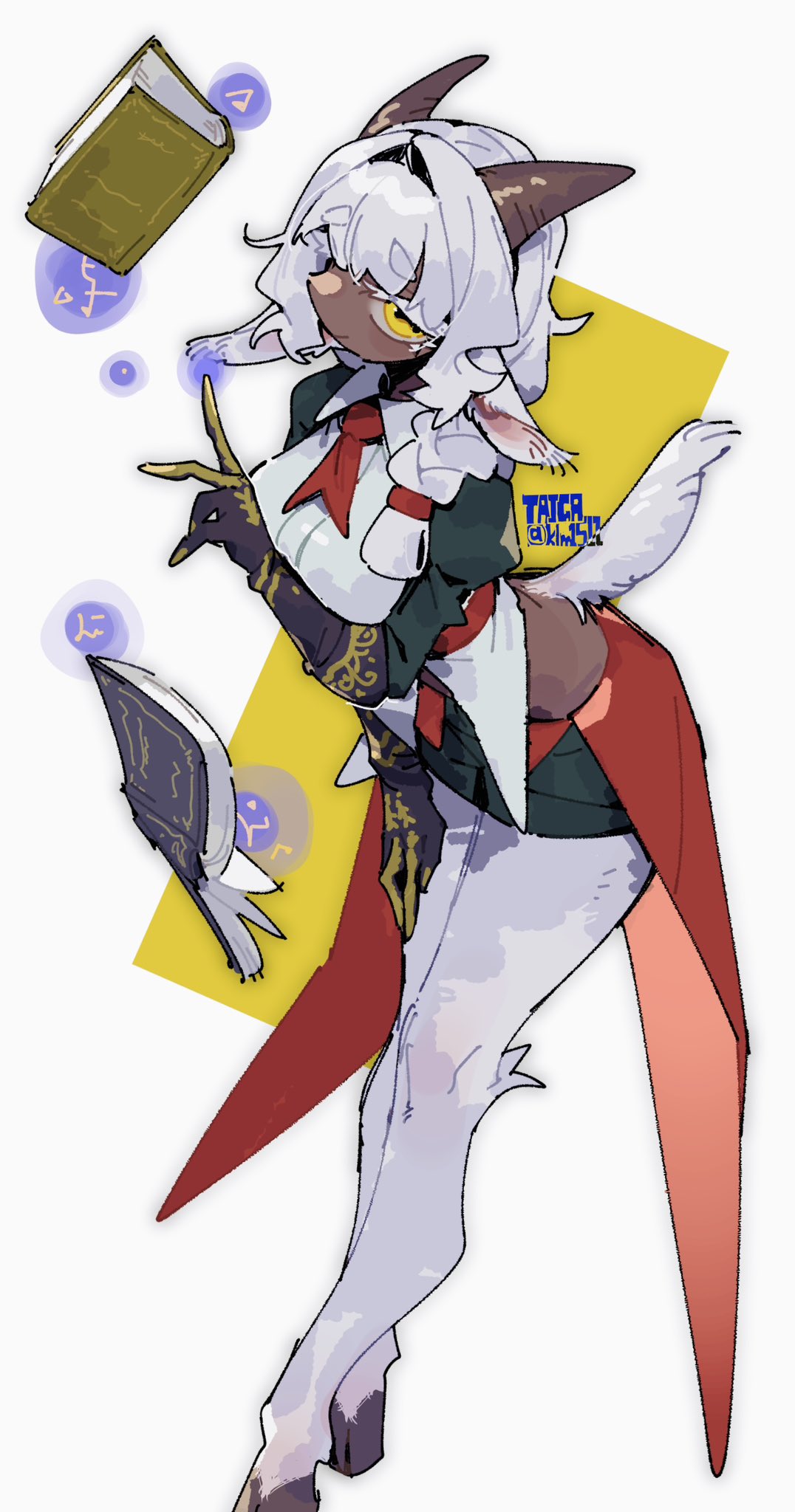 taiga (klm1511), original, highres, 1girl, animal ears, animal feet, black shirt, black shorts, book, colored eyelashes, dark-skinned female, dark skin, full body, goat ears, goat girl, goat horns, goat tail, hand up, hooves, horizontal pupils, horns, juliet sleeves, long hair, long sleeves, looking at viewer, magic, monster girl, puffy sleeves, satyr, shirt, shorts, solo, tail, vest, white background, white hair, white vest, yellow eyes