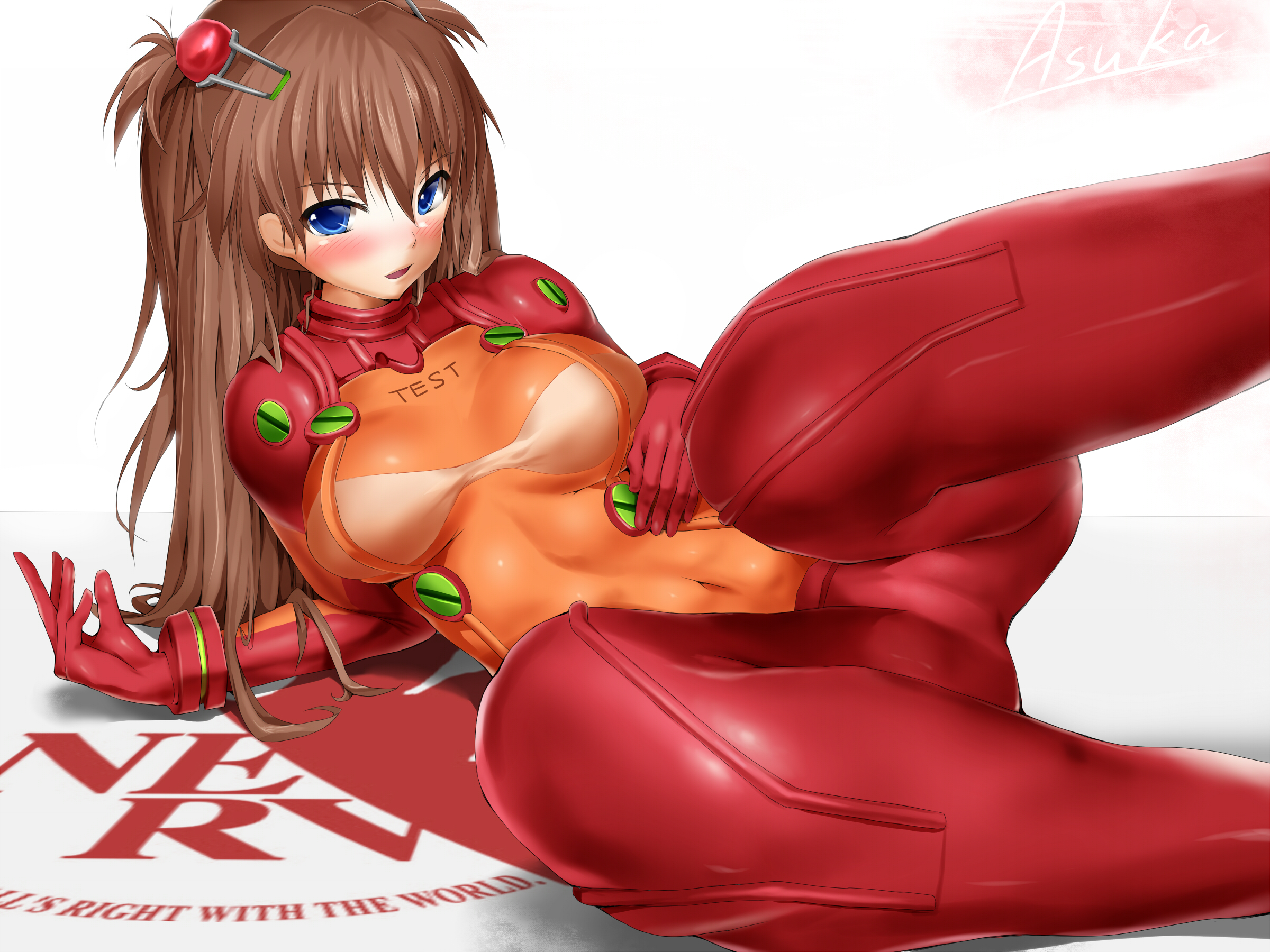 blastbeat, souryuu asuka langley, evangelion: 2.0 you can (not) advance, neon genesis evangelion, rebuild of evangelion, highres, 00s, 1girl, blue eyes, blush, bodysuit, breasts, brown hair, cleavage, female focus, long hair, looking at viewer, lying, mecha pilot suit, on side, open mouth, plugsuit (evangelion), see-through cleavage, see-through clothes, solo, test plugsuit (evangelion)