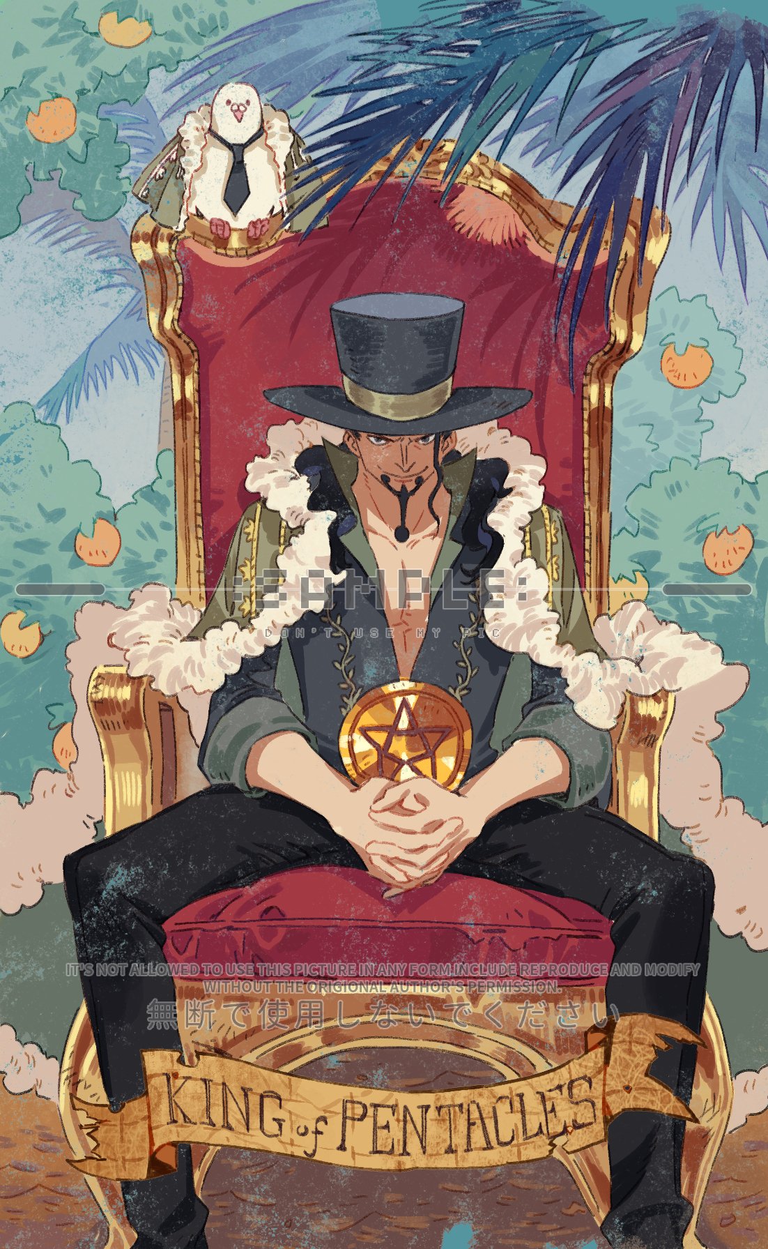 siyangou49, hattori (one piece), rob lucci, one piece, commentary, english commentary, highres, 1boy, bird, black hair, black necktie, black pants, card (medium), coat, coat on shoulders, facial hair, fur-trimmed coat, fur trim, goatee, hat, long hair, male focus, necktie, pants, pigeon, sample watermark, sitting, smile, tarot, tarot (medium), watermark