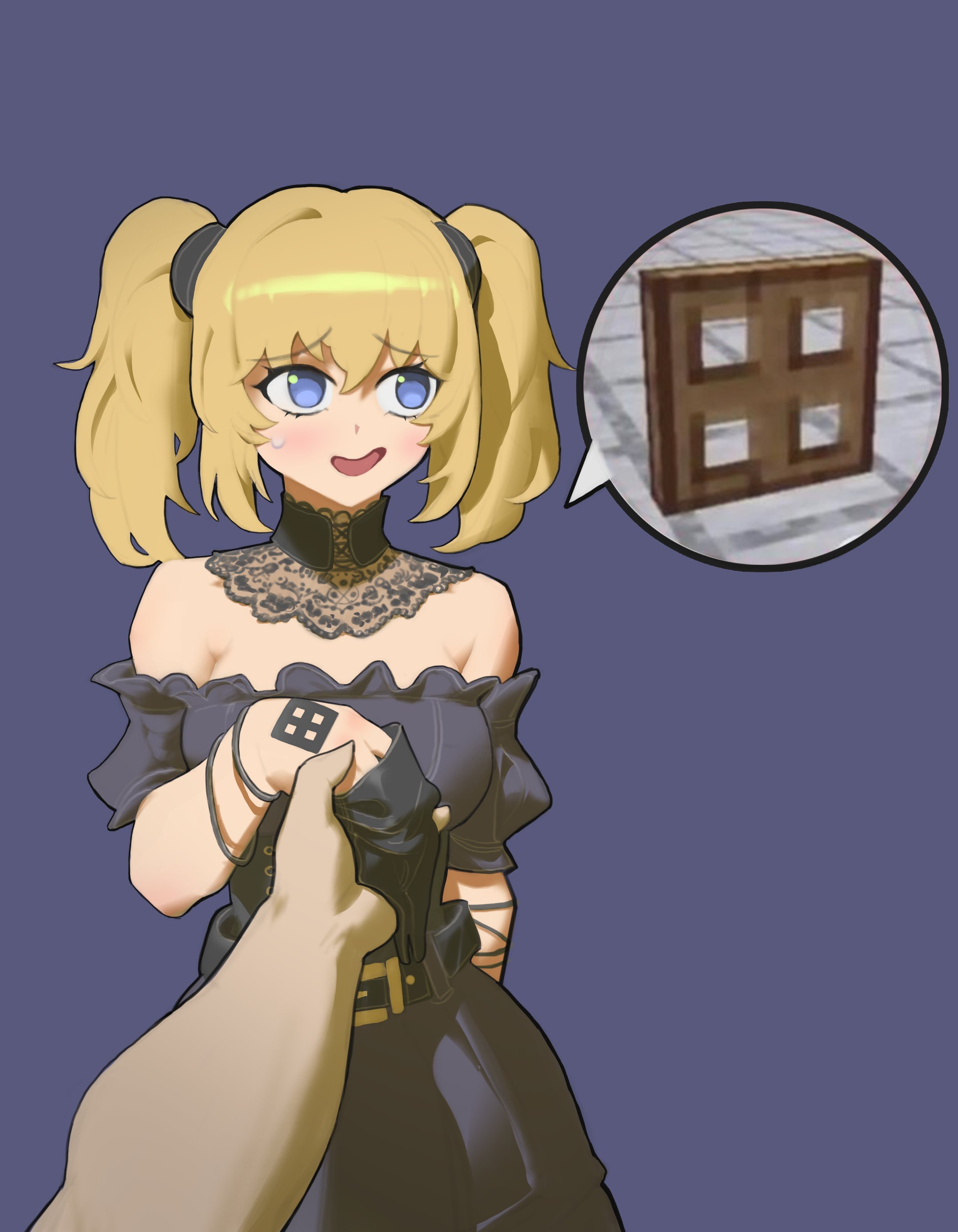 pacpoi, ani (xai), minecraft, xai (company), absurdres, commentary, highres, symbol-only commentary, 1girl, 1other, arm tattoo, black dress, black gloves, blonde hair, blue eyes, dress, gloves, holding another's arm, medium hair, nervous smile, nervous sweating, off-shoulder dress, off shoulder, open mouth, purple background, simple background, smile, sweat, tattoo, trap door, twintails