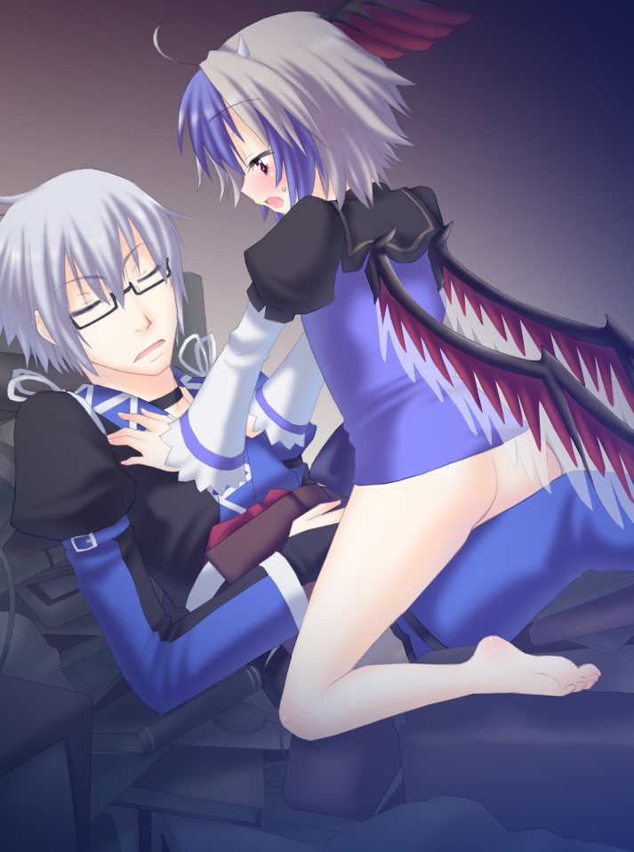saki chisuzu, morichika rinnosuke, tokiko (touhou), curiosities of lotus asia, touhou, messy, silver hair, 1boy, 1girl, barefoot, blush, bottomless, bridal gauntlets, couple, feet, glasses, hand on another's chest, head wings, hetero, horns, long sleeves, looking at another, multicolored hair, open mouth, red eyes, semi-rimless eyewear, short hair, sleeping, straddling, sweat, wings