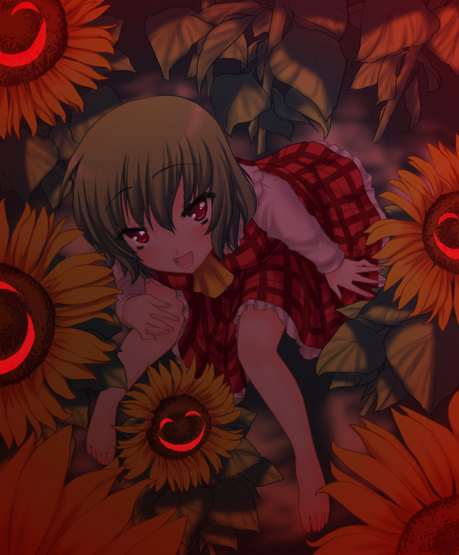 saki chisuzu, kazami yuuka, touhou, 1girl, ascot, barefoot, feet, female focus, flower, from above, glowing, glowing eyes, green hair, looking up, plaid clothes, plaid skirt, plaid vest, red eyes, red theme, short hair, sitting, skirt, skirt set, smile, solo, sunflower, vest