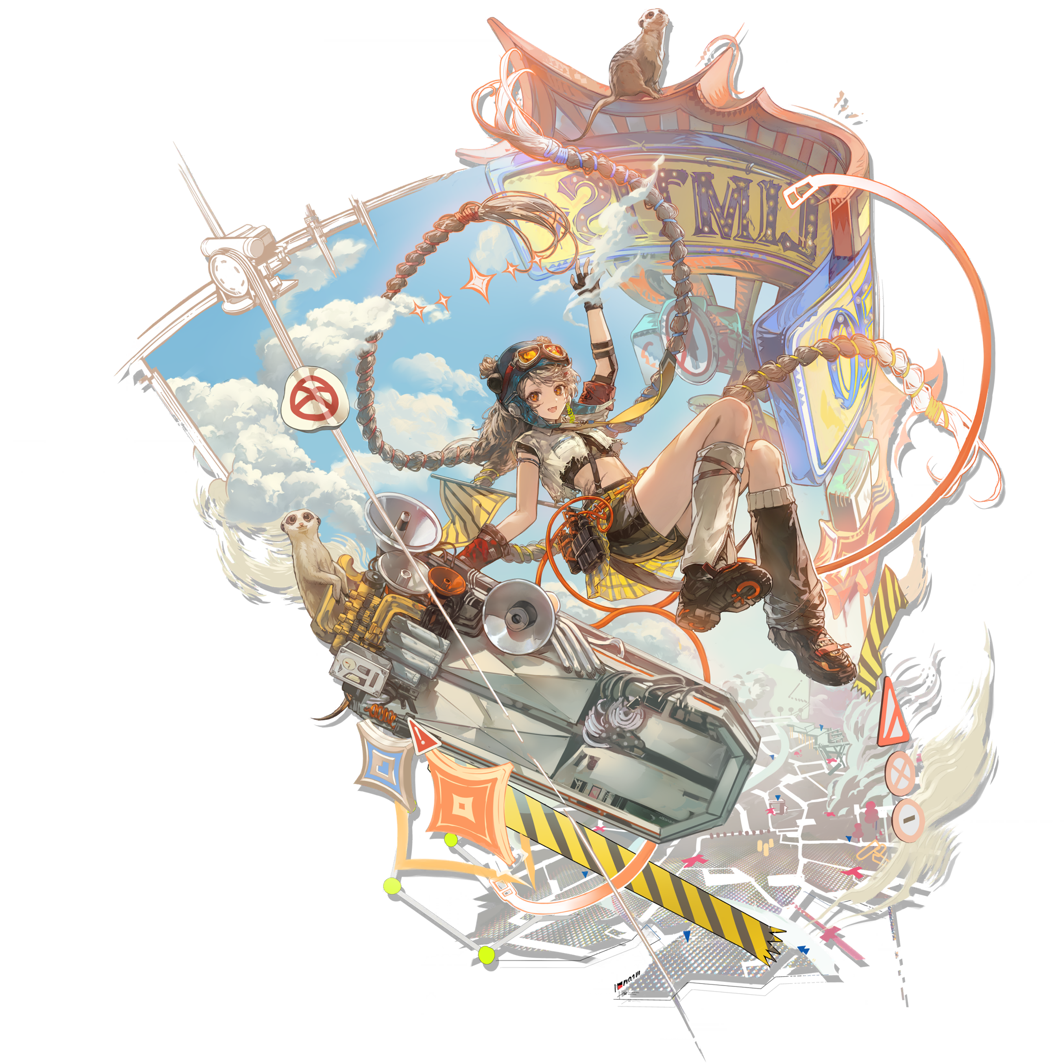 arknights, artist request, highres, official art, third-party source, 1girl, arm strap, armband, asymmetrical gloves, asymmetrical legwear, asymmetrical sleeves, aviator cap, aviator goggles, belt, belt pouch, billboard, black boots, black gloves, black shorts, blonde hair, blue hat, boots, braid, broken goggles, cairn (arknights), caution tape, climbing rope, cloud, cloudy sky, collared shirt, cropped shirt, detached pants, double bun, elbow pads, fang, fingerless gloves, flag, flying, full body, gloves, goggles, goggles on headwear, hair bun, hat, holding, holding shield, knees together feet apart, long hair, looking at viewer, map, meerkat, meerkat ears, meerkat girl, meerkat tail, megaphone, miniskirt, mismatched gloves, mismatched legwear, multiple braids, necktie, open mouth, orange belt, orange eyes, orange rope, outdoors, pleated skirt, pouch, red armband, red gloves, ribbed socks, road sign, rope, rope belt, scar on hip, scout uniform, shield, shirt, shorts, shorts under skirt, sign, single elbow pad, single sock, skirt, sky, smile, socks, solo, suspender shorts, suspenders, torn clothes, torn shirt, transparent background, uneven sleeves, very long hair, walkie-talkie, warning sign, white shirt, white socks, yellow necktie, yellow skirt