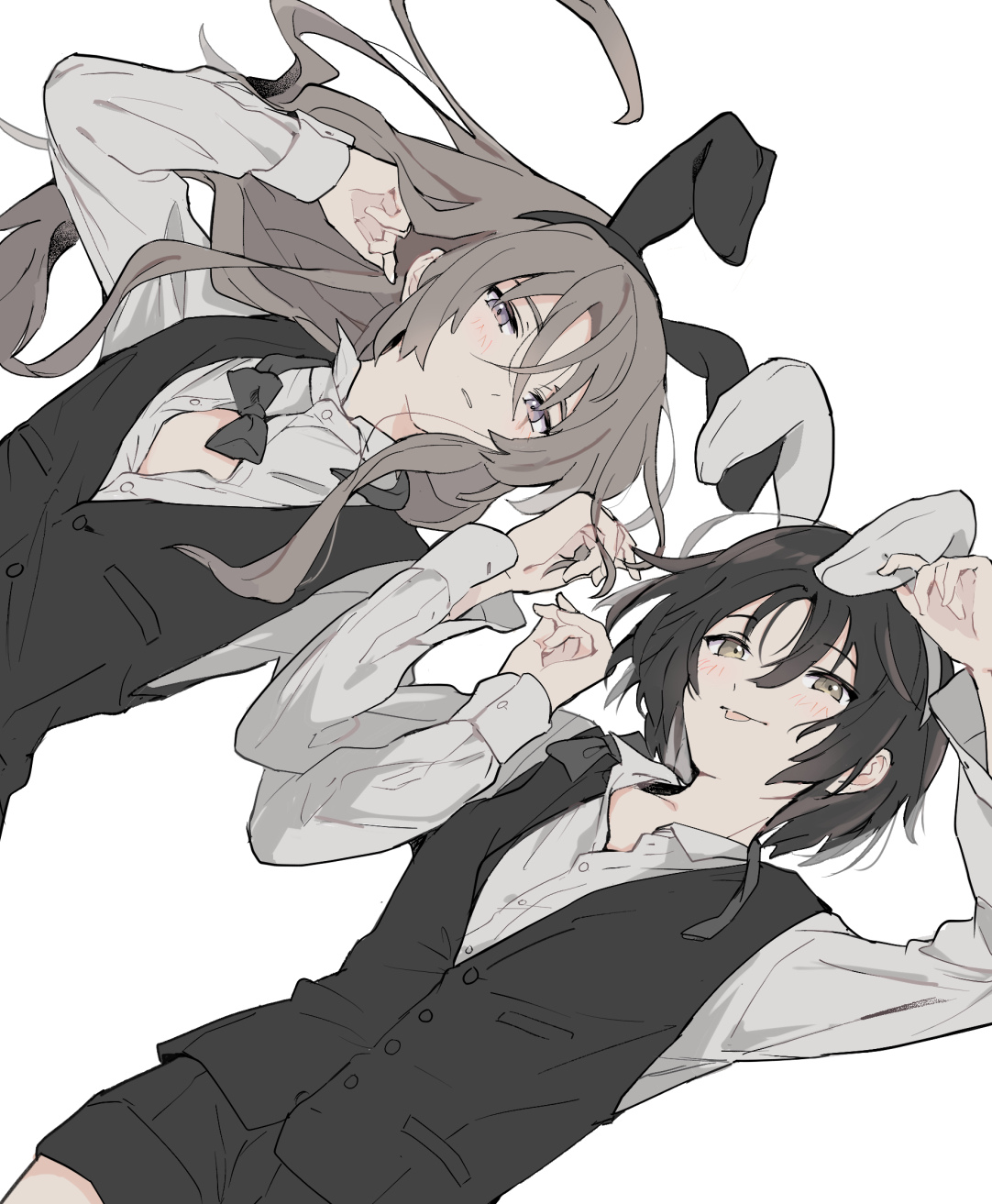 ebifry 5, makabe kazuki, minashiro soushi, soukyuu no fafner, highres, 2boys, alternate costume, animal ear hairband, animal ears, bishounen, black bow, black bowtie, black hair, black vest, bow, bowtie, brown eyes, brown hair, buttons, collared shirt, fake animal ears, hair between eyes, hairband, long hair, long sleeves, looking at viewer, lying, male focus, multiple boys, on back, partially unbuttoned, purple eyes, rabbit ear hairband, rabbit ears, scar, scar across eye, scar on face, shirt, short hair, shorts, simple background, sleeve cuffs, smile, tongue, tongue out, undone bowtie, vest, white background, white shirt
