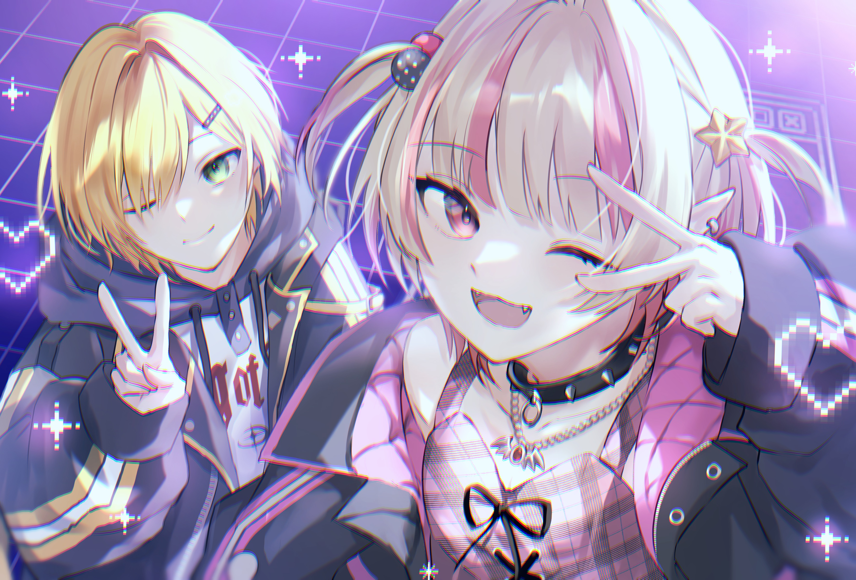 yo o 489, makaino ririmu, makaino ririmu (6th costume), uzuki kou, uzuki kou (5th costume), nijisanji, absurdres, highres, 1boy, 1girl, ;d, arm belt, bat necklace, belt, black collar, black jacket, blonde hair, blue hood, blunt bangs, chain, chain necklace, closed mouth, clothes writing, collar, collarbone, colored inner hair, crop top, cross-laced clothes, cross-laced top, drawstring, earclip, fangs, green eyes, grey hair, hair bobbles, hair intakes, hair ornament, hair over one eye, hairclip, heart, hood, hood down, hoodie, jacket, jewelry, lapels, looking at viewer, loose belt, multicolored hair, necklace, no headwear, notched lapels, o-ring collar, one eye closed, open clothes, open jacket, open mouth, pendant, pink hair, pink jacket, pink streaks, pixel heart, plaid clothes, pointy ears, print hoodie, purple background, red eyes, short hair, sleeves past wrists, smile, sparkle, spiked collar, spikes, standing, star (symbol), star hair ornament, streaked hair, two-sided fabric, two-sided jacket, two-tone hair, two side up, unbuttoned, unzipped, upper body, v, v over eye, virtual youtuber, white hoodie, wolf cut, yellow belt, yellow trim