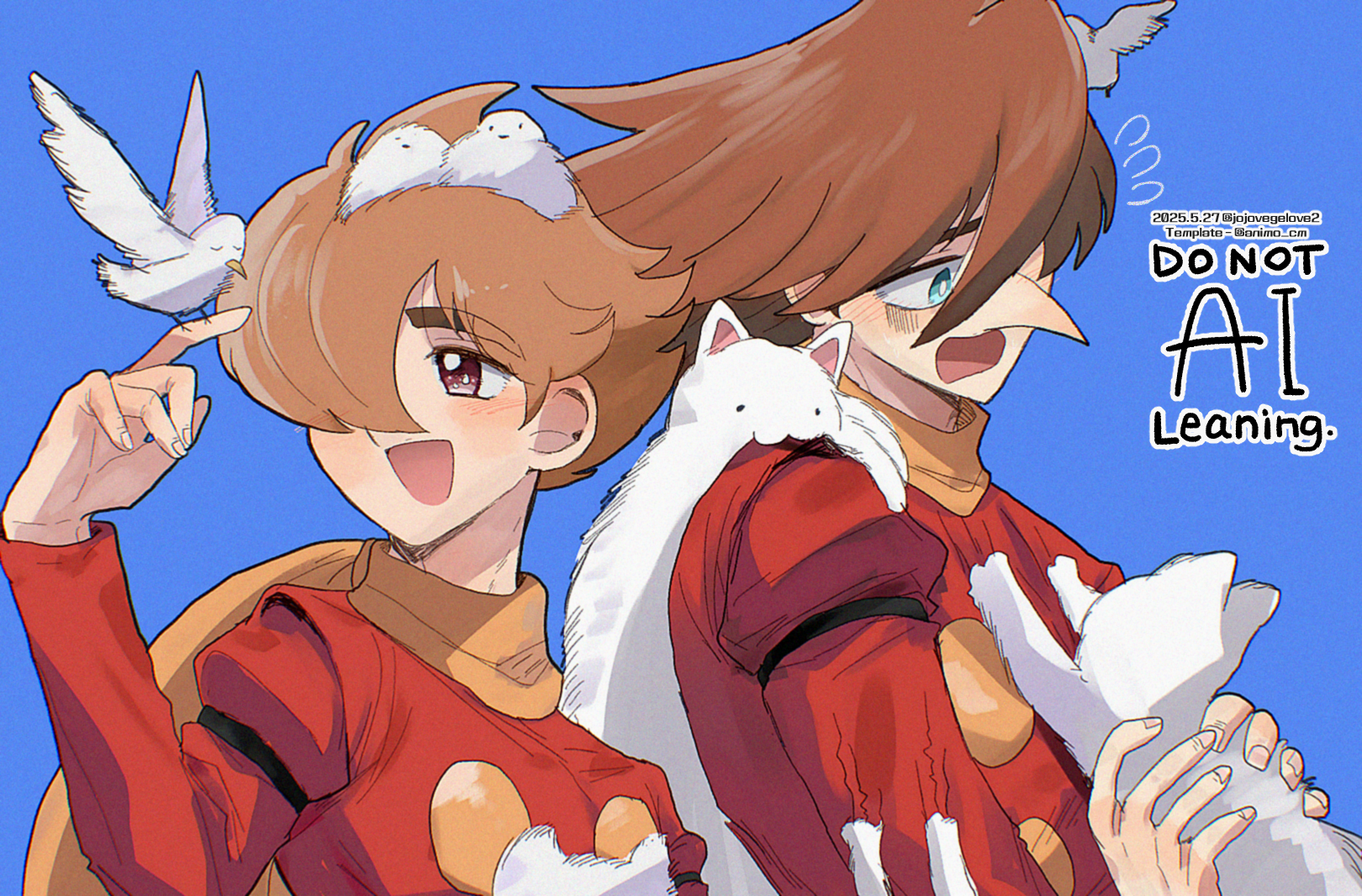 ing'yeo soyeo, jet link, shimamura joe, cyborg 009, highres, ahoge, animal, big nose, bird, blue eyes, brown eyes, brown hair, cat, coat, cyborg, hair over one eye, hatching (texture), holding, holding animal, long hair, orange hair, red coat, scarf, short hair, white bird, white cat, yellow scarf