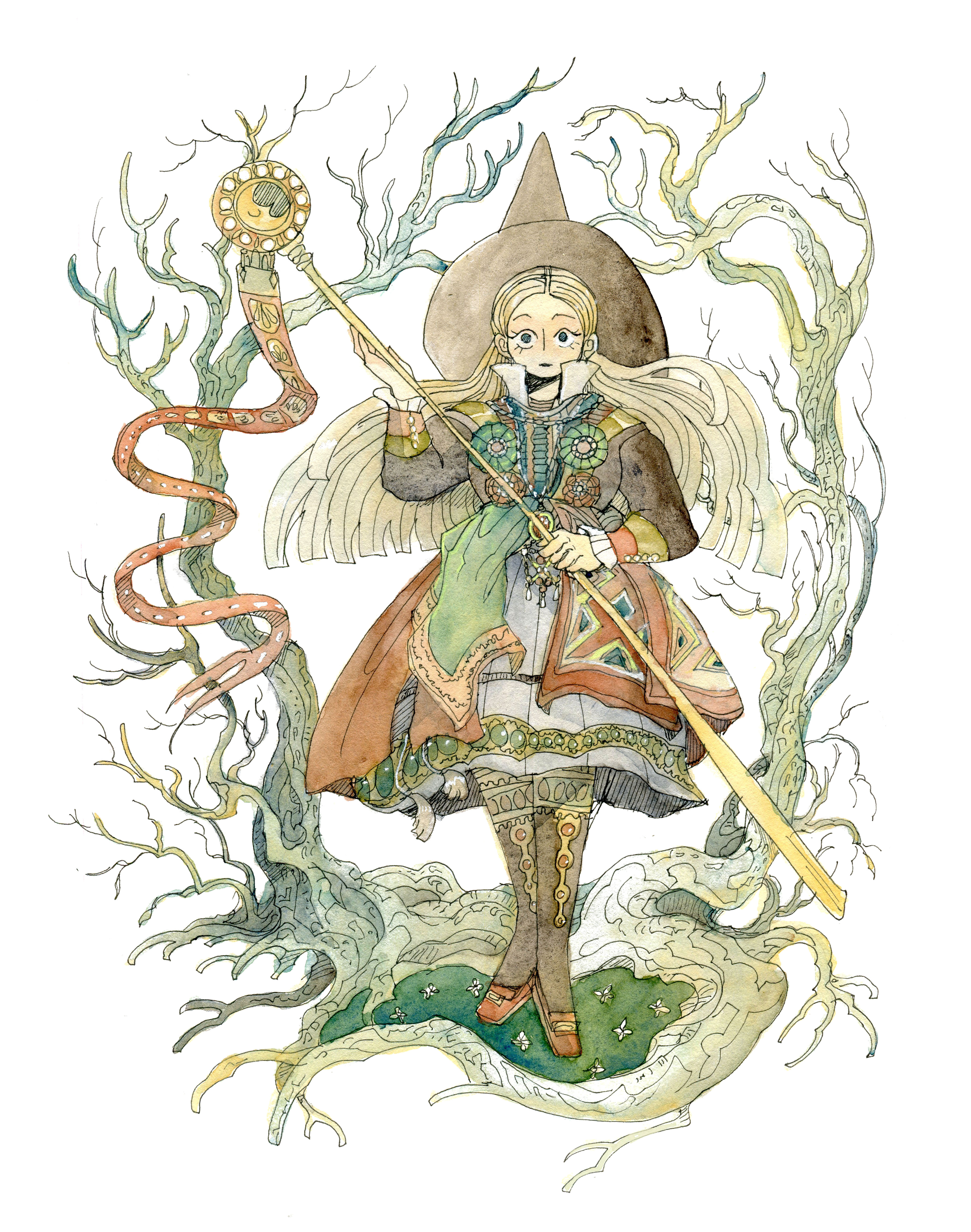 faithschaffer, original, absurdres, highres, painting (medium), traditional media, watercolor (medium), 1girl, bare tree, black hat, blonde hair, boots, full body, hat, holding, holding staff, long hair, long sleeves, looking at viewer, solo, staff, standing, tassel, tree, very long hair, witch, witch hat