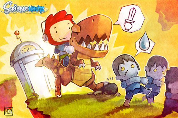 edison yan, maxwell (scribblenauts), scribblenauts, dinosaur, sword, time machine, weapon, zombie
