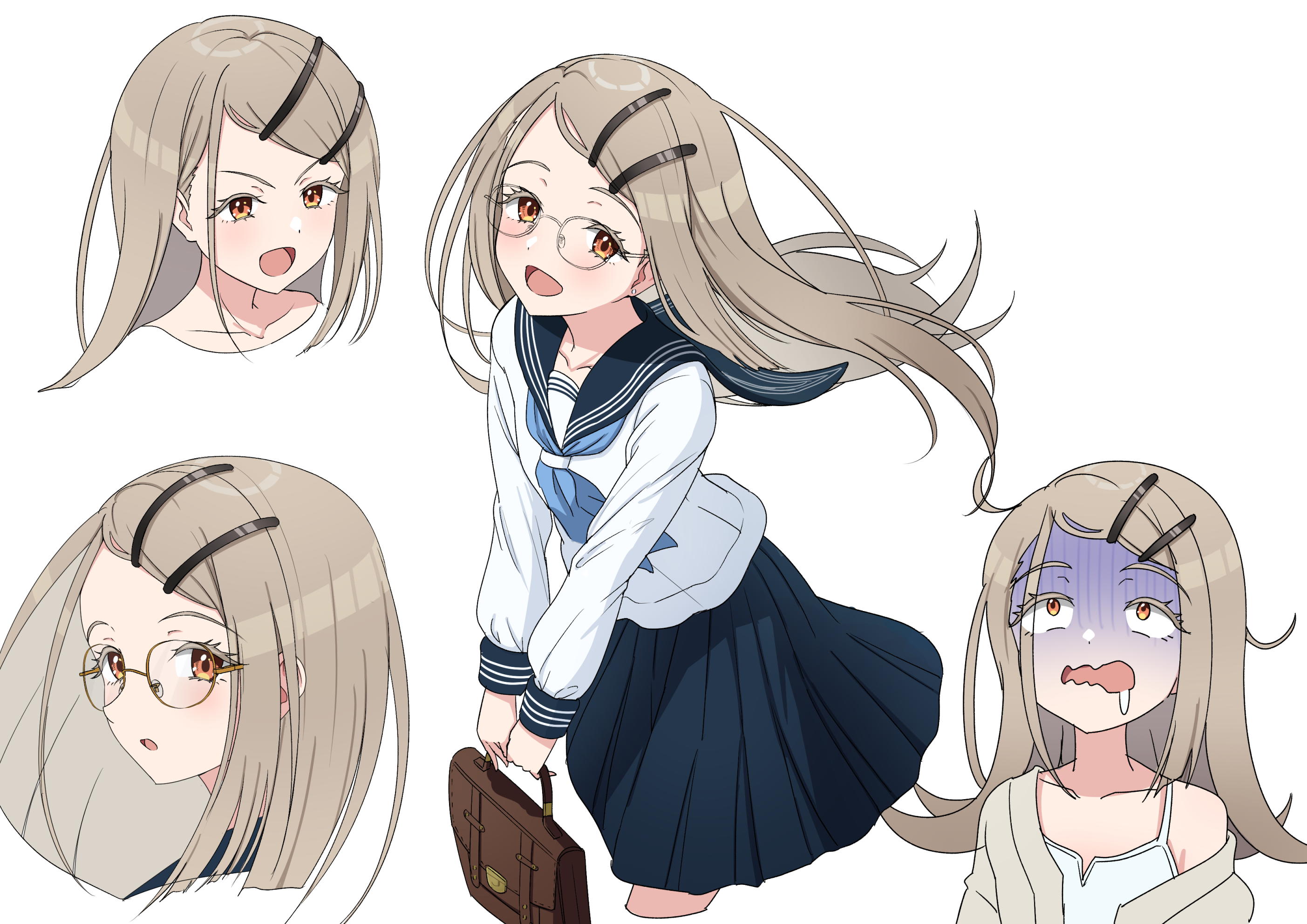 osoba susurukun, shinosawa hiro, gakuen idolmaster, idolmaster, commentary, highres, 1girl, bag, bespectacled, black skirt, blue neckerchief, blush, brown bag, collarbone, colored eyelashes, cropped legs, cropped shoulders, drooling, flipped hair, floating hair, glasses, grey hair, hair ornament, hairpin, holding, holding bag, long hair, multiple hairpins, multiple views, neckerchief, orange eyes, pleated skirt, school uniform, serafuku, shirt, simple background, skirt, smile, swept bangs, turn pale, wavy mouth, white background, white shirt