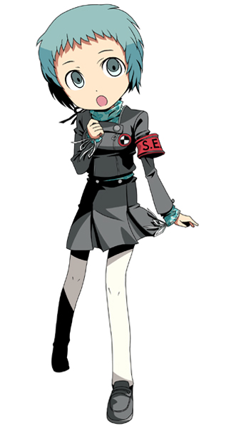 yamagishi fuuka, atlus, etrian odyssey, persona, persona 3, 1girl, armband, blue eyes, blue hair, female focus, full body, matching hair/eyes, open mouth, pantyhose, parody, school uniform, short hair, simple background, skirt, solo, white background, white pantyhose