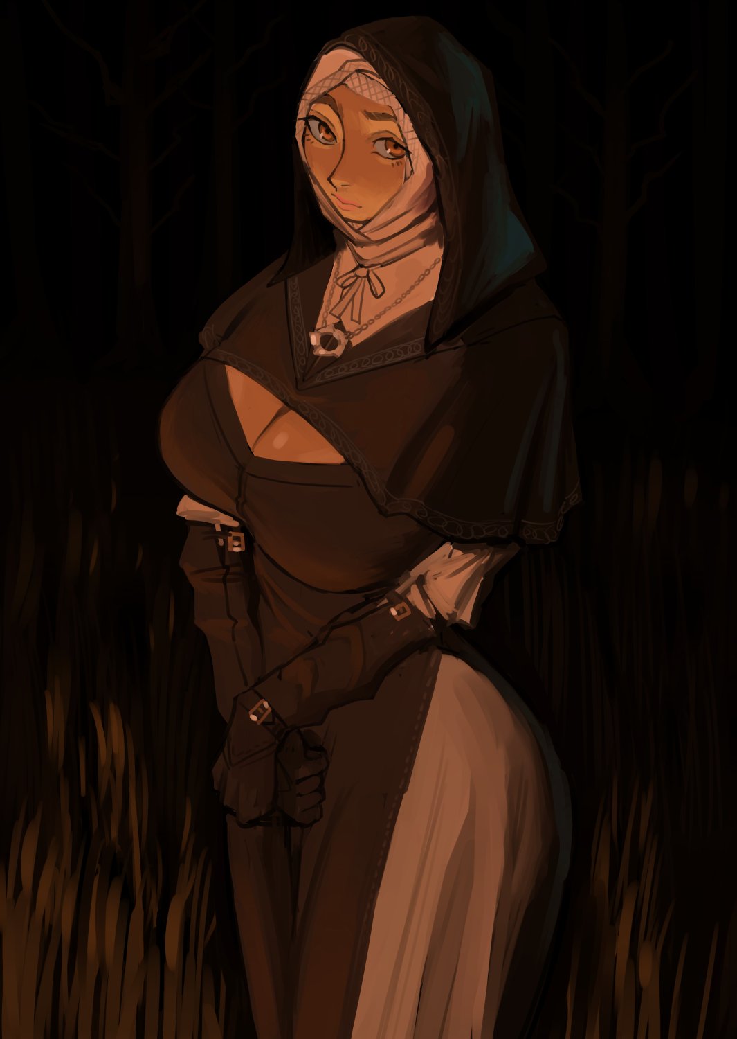 dairenke art, undertaker (elden ring), elden ring, elden ring nightreign, commentary, english commentary, highres, 1girl, black background, black capelet, black gloves, black hood, breasts, capelet, cleavage, cowboy shot, elbow gloves, gloves, jewelry, large breasts, looking at viewer, necklace, night, nun, own hands clasped, own hands together, simple background, solo, white coif, yellow eyes