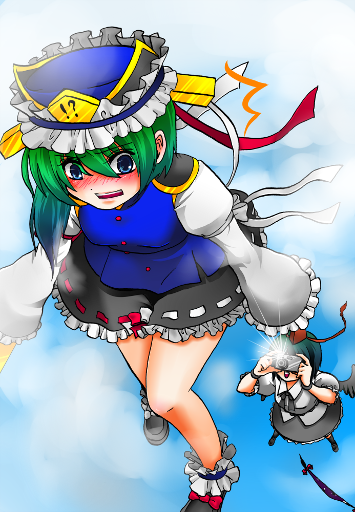 nayuzu, shameimaru aya, shiki eiki, touhou, bad id, bad pixiv id, 2girls, black hair, black wings, blue eyes, blush, camera, female focus, gap (touhou), gradient background, green hair, hat, multiple girls, outdoors, short hair, skirt, sky, tokin hat, upskirt, wings