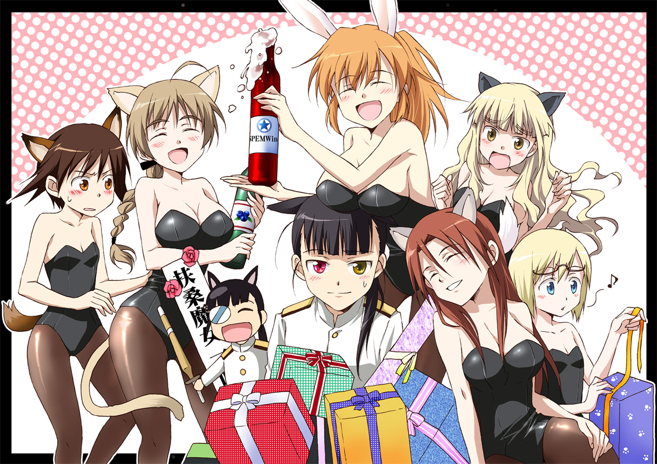 agahari, charlotte e. yeager, erica hartmann, lynette bishop, minna-dietlinde wilcke, miyafuji yoshika, perrine h. clostermann, sakamoto mio, strike witches, world witches series, 00s, 6+girls, alternate costume, animal ears, black hair, blonde hair, blue eyes, blush, bottle, braid, breast rest, breasts, breasts on head, brown eyes, brown hair, cat ears, cat tail, chibi, cleavage, closed eyes, eyepatch, fake animal ears, gift, glasses, heterochromia, kittysuit, long hair, medium breasts, multiple girls, nontraditional playboy bunny, open mouth, orange hair, pantyhose, playboy bunny, ponytail, rabbit ears, rabbit girl, red eyes, red hair, short hair, single braid, smile, sword, tail, weapon, yellow eyes