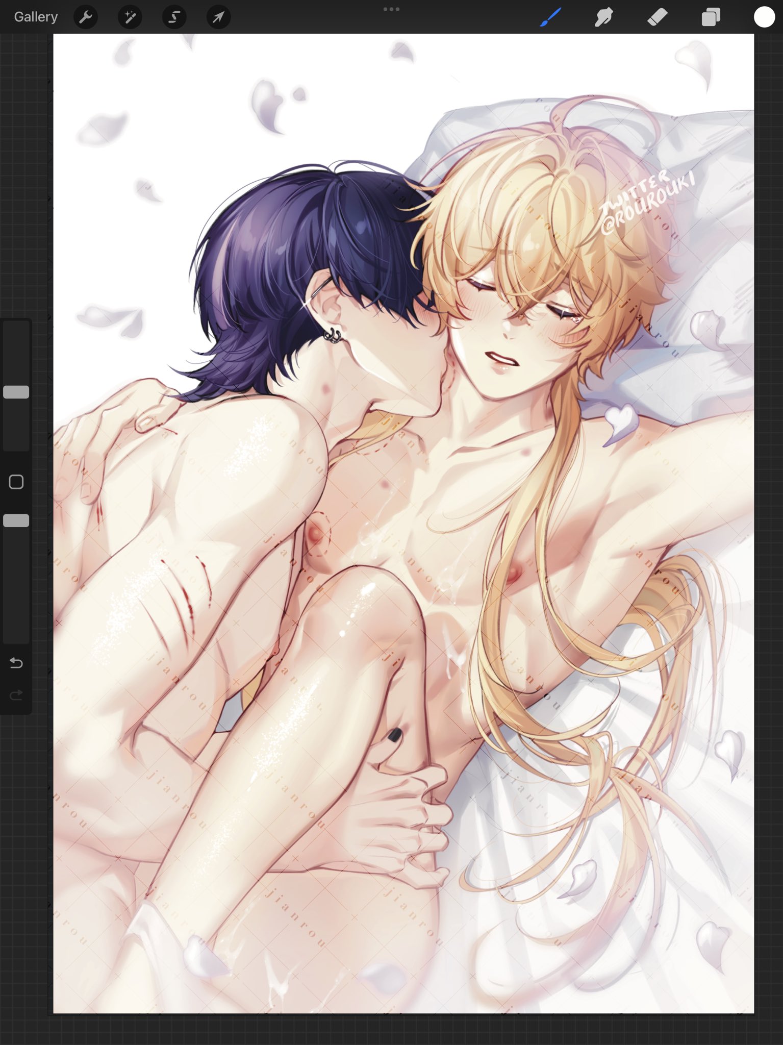 rourouki, aether (genshin impact), scaramouche (genshin impact), genshin impact, commentary, english commentary, highres, 2boys, art program in frame, bite mark, bite mark on neck, bite mark on pectorals, black nails, blonde hair, closed eyes, cum, cum on body, cum on chest, cum on legs, ear piercing, hand on another's thigh, long hair, lying, male focus, multiple boys, nipples, on back, on bed, petals, piercing, purple hair, scratches, sex, twitter username, yaoi