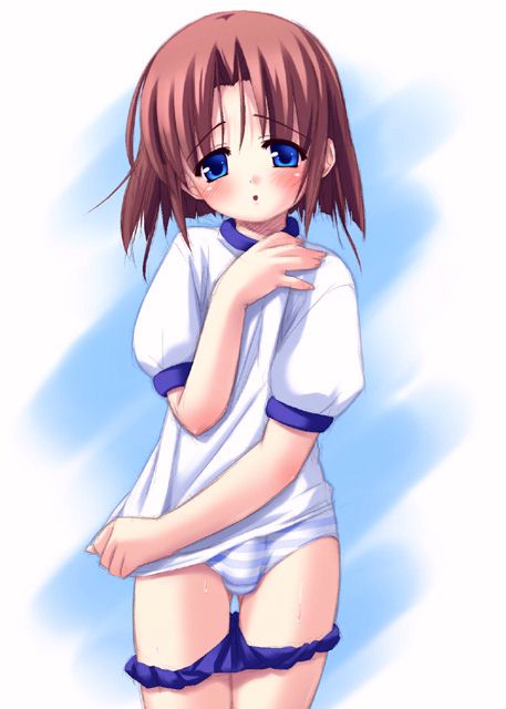 blue eyes, blush, brown hair, cowboy shot, crossdressing, gym uniform, looking at viewer, panties, shorts, shota, solo, striped clothes, striped panties, sweat, trap, underwear