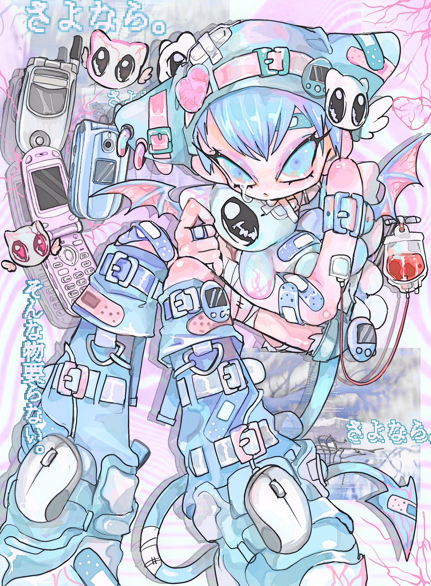 amatou akuma, original, highres, 1boy, angel wings, animal ear hat, animal ears, backpack, bag, bandaged arm, bandaged leg, bandaged tail, bandages, bandaid, bandaid on arm, bandaid on cheek, bandaid on clothes, bandaid on face, bandaid on finger, bandaid on forehead, bandaid on hand, bandaid on knee, bandaid on leg, bandaid on tail, bare shoulders, bat wings, beanie, belt, belt buckle, blood, blood bag, blue buckle, blue eyes, blue hair, blue hat, blue leg warmers, blue shirt, blue shoes, blue shorts, blue tail, blue theme, blue wings, buckle, cable, cellphone, closed mouth, computer mouse, controller, creature, crossed bandaids, crying, crying with eyes open, demon, demon boy, demon tail, demon wings, denim, denim shorts, detached wings, ear piercing, earrings, eyelashes, eyeshadow, flip phone, frown, full body, game controller, hair ornament, hat, head down, head wings, heart, heart-ring, heart hair ornament, holding, holding stuffed toy, hoop earrings, injury, japanese text, jewelry, knees up, leg warmers, looking at viewer, makeup, male focus, mini wings, phone, piercing, pink belt, pink buckle, purple eyeshadow, shirt, shoes, short hair, shorts, sitting, sleeveless, sleeveless shirt, solo, stitches, stuffed animal, stuffed toy, tail, tank top, tears, veins, wings, wire