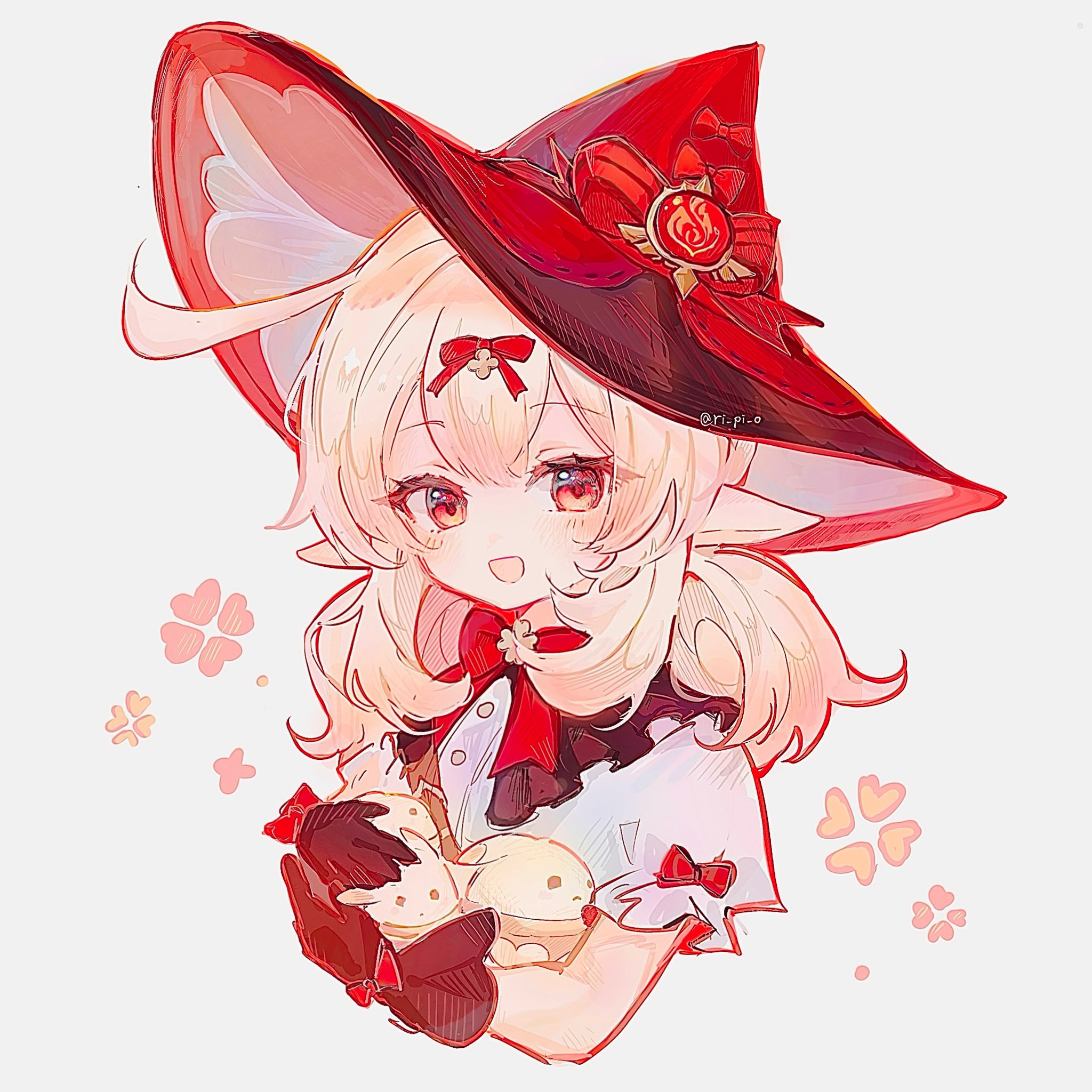 klee (blossoming starlight) (genshin impact), klee (genshin impact), genshin impact, highres, 1girl, :d, ahoge, black gloves, blonde hair, blush, bow, bowtie, cropped shoulders, double-parted bangs, gloves, hat, hat bow, holding, looking at viewer, medium hair, multiple hat bows, official alternate costume, open mouth, pointy ears, red bow, red bowtie, red eyes, red hat, ri pi o, shirt, short sleeves, simple background, smile, solo, twitter username, white background, white shirt, witch hat