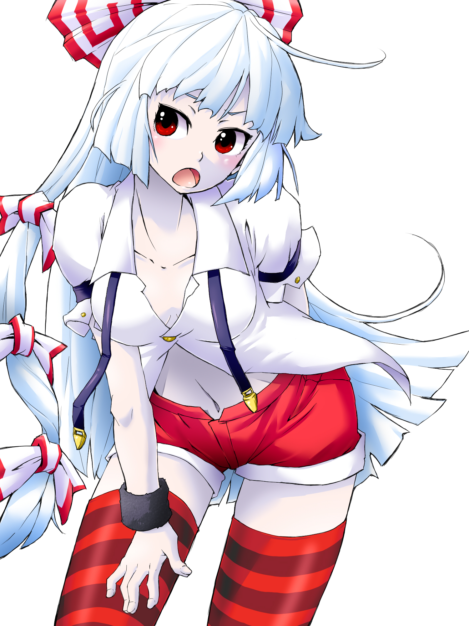 aono3, fujiwara no mokou, touhou, silver hair, highres, 1girl, bow, dress shirt, female focus, hair bow, hair ribbon, long hair, midriff, multiple hair bows, red eyes, ribbon, shirt, short shorts, shorts, simple background, solo, striped clothes, striped thighhighs, suspenders, thighhighs, white background