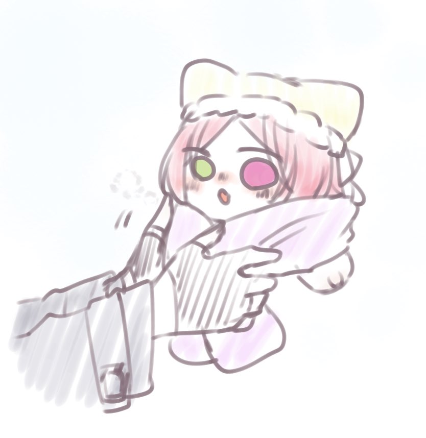 nigari (ngari 0115), funada kiito, shiba tomoshibi, assault lily, commentary request, 2girls, :o, adjusting another's clothes, animal ears, animal hands, black gloves, blue background, blush, breath, cat ears, cat girl, cat paws, chibi, cropped torso, fur-trimmed headwear, fur trim, gloves, gradient background, green eyes, hat, heterochromia, kemonomimi mode, long sleeves, looking at another, motion lines, multiple girls, nose blush, out of frame, parted bangs, parted lips, partially fingerless gloves, purple scarf, red eyes, red hair, scarf, solid eyes, solo focus, two-tone background, white background, yellow hat