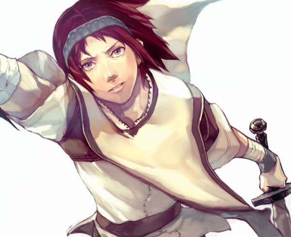 kaburaya, wander (shadow of the colossus), shadow of the colossus, bad id, bad pixiv id, 1boy, bandages, brown eyes, headband, male focus, poncho, red hair, short hair, simple background, solo, surcoat, sword, weapon