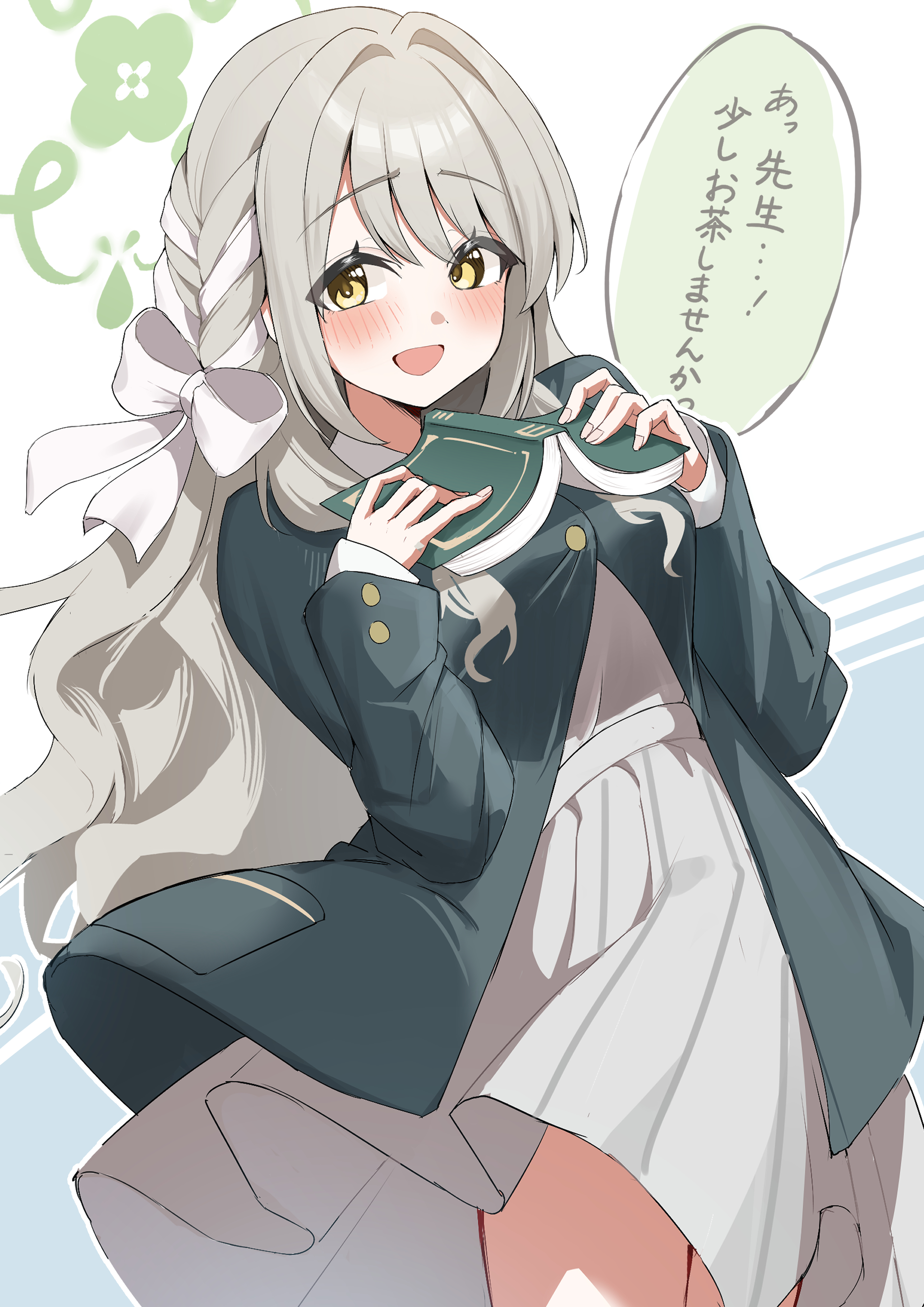garupi, miyo (blue archive), blue archive, twitter, 1girl, bare legs, blush, book, green halo, green jacket, grey hair, hair ribbon, halo, jacket, long hair, ribbon, shirt, skirt, smile, solo, speech bubble, white hair, white shirt, yellow eyes