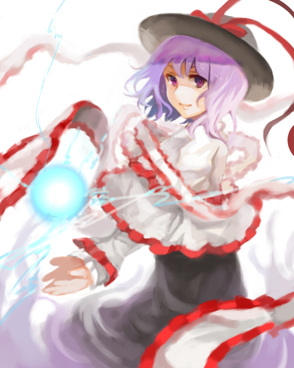 mamepon, nagae iku, touhou, bad id, bad pixiv id, 1girl, female focus, hat, lightning, looking at viewer, purple eyes, purple hair, shawl, short hair, smile, solo