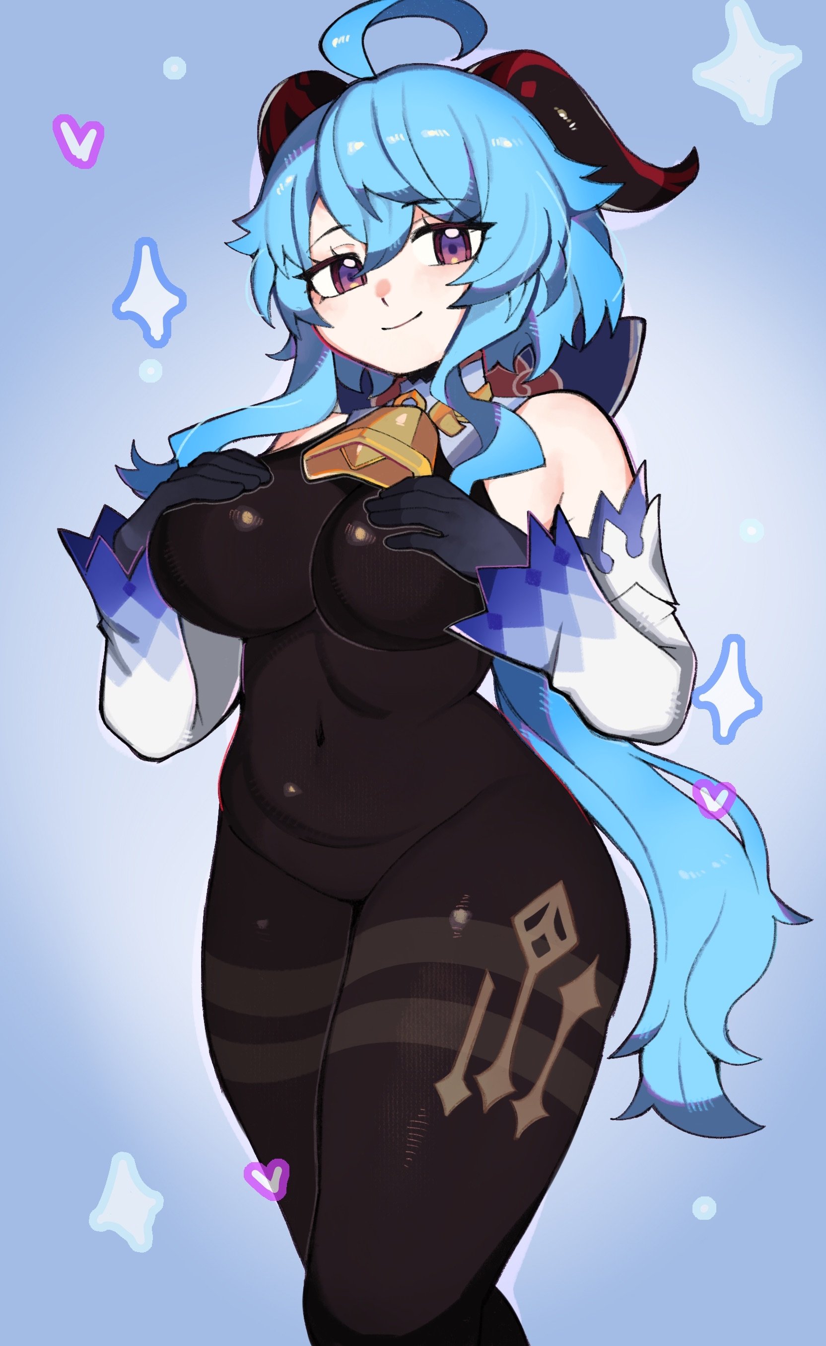 oniyanna, ganyu (genshin impact), genshin impact, absurdres, commentary, highres, 1girl, ahoge, bare shoulders, bell, black gloves, blue background, blue hair, bodystocking, bodysuit, breasts, closed mouth, covered navel, detached sleeves, feet out of frame, gloves, horns, large breasts, long hair, looking at viewer, neck bell, purple eyes, red horns, sidelocks, sleeveless, sleeveless bodystocking, sleeveless bodysuit, smile, solo, standing, white sleeves