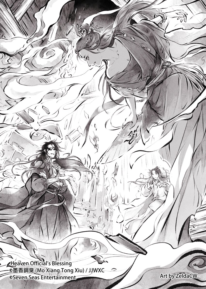 zelda c wang, hua cheng, shi qingxuan, xie lian, tianguan cifu, commentary, english commentary, official art, 3boys, aerokinesis, artist name, bracer, burning, burning building, collarbone, copyright name, eyepatch, fighting, fire, folding fan, greyscale, hand fan, hand fan writing, holding, holding fan, indoors, laughing, long hair, long sleeves, magic, male focus, monochrome, multiple boys, open mouth, oversized clothes, scroll, very long hair, watermark, wide sleeves, wind
