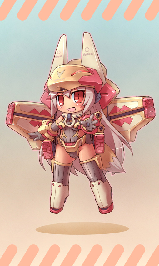 sankuma, original, silver hair, 1girl, female focus, fox tail, full body, gradient background, helmet, mecha musume, red eyes, solo, tail, thighhighs, wings