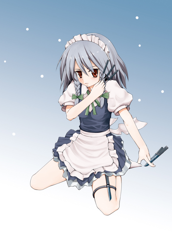 imocoro, kawada ryougo, izayoi sakuya, touhou, silver hair, bad id, bad pixiv id, 1girl, braid, female focus, knife, red eyes, short hair, solo, throwing knife, twin braids, weapon
