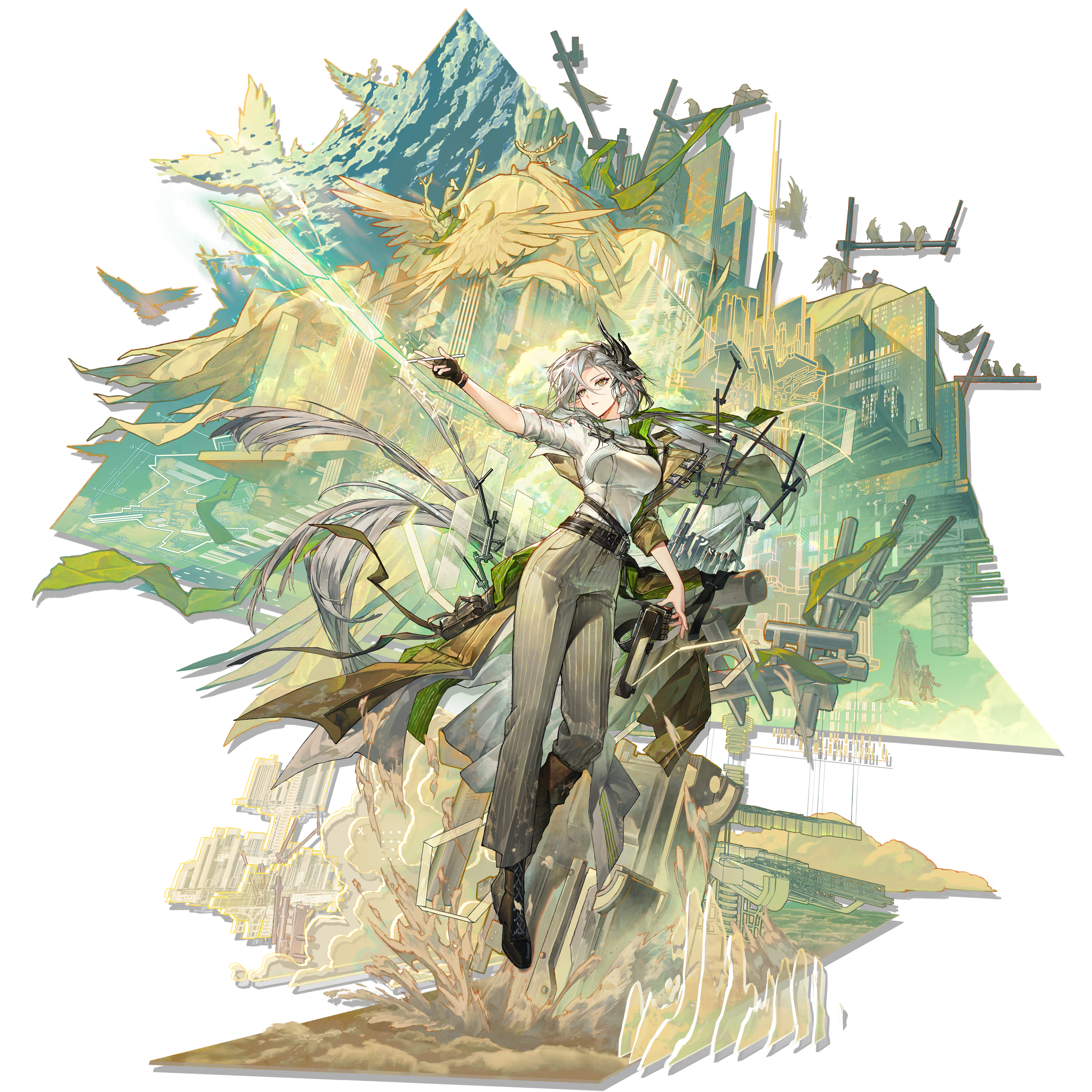 eboda-x, nasti (arknights), arknights, absurdres, highres, official art, third-party source, 1girl, age comparison, arm out of sleeve, asymmetrical horns, belt, bird, black belt, black gloves, blueprint (object), boots, breasts, brown boots, brown coat, brown pants, cityscape, closed mouth, cloud, cloudy sky, coat, day, demon girl, demon horns, dual persona, earrings, fingerless gloves, flying, full body, gloves, green eyes, grey hair, hair between eyes, high collar, holding, holding hands, holding pen, horns, jewelry, knee boots, long coat, long hair, machine, notched ear, open clothes, open coat, outdoors, pants, pen, pointy ears, shirt, single earring, sky, sleeves rolled up, solo, striped clothes, striped pants, tassel, tassel earrings, transparent background, uneven horns, vertical-striped clothes, vertical-striped pants, very long hair, white shirt