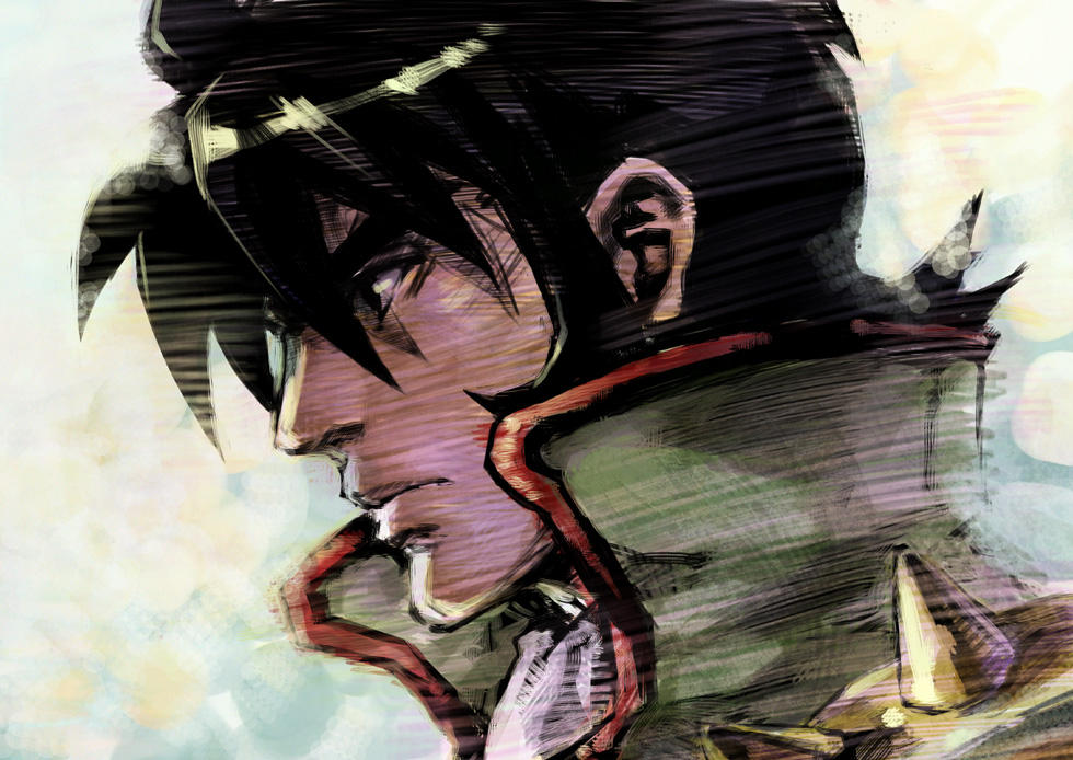 nakamura kanko, kyouji kasshu, g gundam, gundam, 1990s (style), 1boy, black hair, male focus, portrait, profile, solo