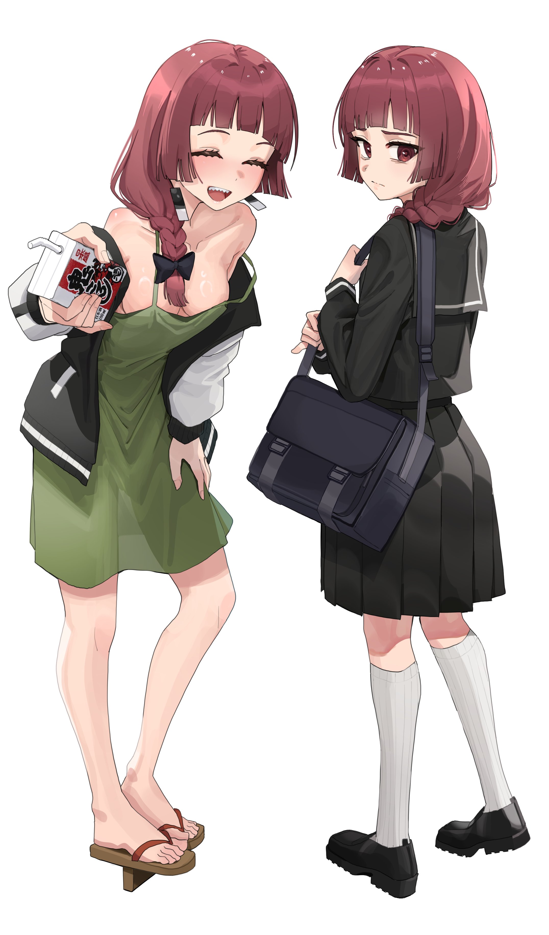 goback, hiroi kikuri, bocchi the rock!, absurdres, highres, 1girl, alcohol carton, alternate costume, bag, bare shoulders, black bow, black jacket, black sailor collar, black serafuku, black shirt, black skirt, blunt bangs, bow, braid, dress, drink carton, earrings, geta, green dress, hair bow, hanafuda earrings, jacket, jewelry, kneehighs, multicolored jacket, multiple views, pleated skirt, purple eyes, purple hair, ribbed socks, sailor collar, school bag, school uniform, serafuku, sharp teeth, shirt, shoulder bag, simple background, single braid, skirt, socks, strap slip, sundress, teeth, tengu-geta, two-tone jacket, upper teeth only, white background, white jacket, white socks