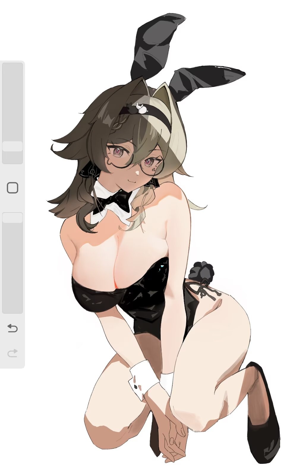 vill-v, honkai (series), honkai impact 3rd, chinese commentary, commentary request, highres, unfinished, 1girl, alternate costume, animal ears, art program in frame, bare shoulders, black bow, black bowtie, black hairband, black shoes, bow, bowtie, breasts, brown hair, cleavage, collar, detached collar, fake animal ears, fake tail, glass, grey eyes, hairband, lanqueanqi, large breasts, looking at viewer, medium hair, playboy bunny, rabbit ears, rabbit tail, round eyewear, shoes, simple background, solo, squatting, tail, thighs, white background, white collar, wrist cuffs