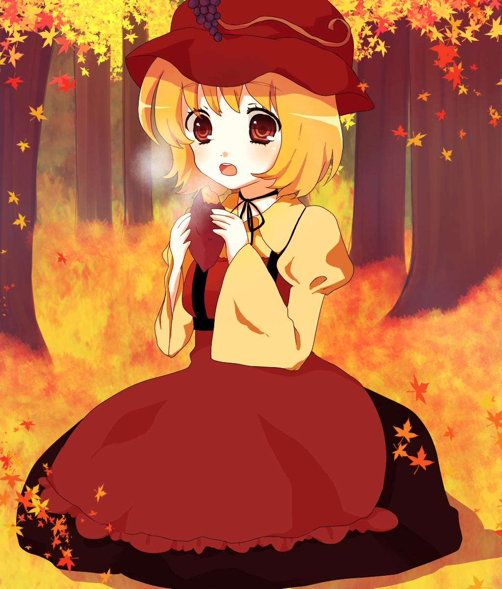 purin jiisan, aki minoriko, touhou, bad id, bad pixiv id, highres, 1girl, autumn, blonde hair, female focus, hat, leaf, outdoors, plant, potato, short hair, sitting, solo, steam, tree