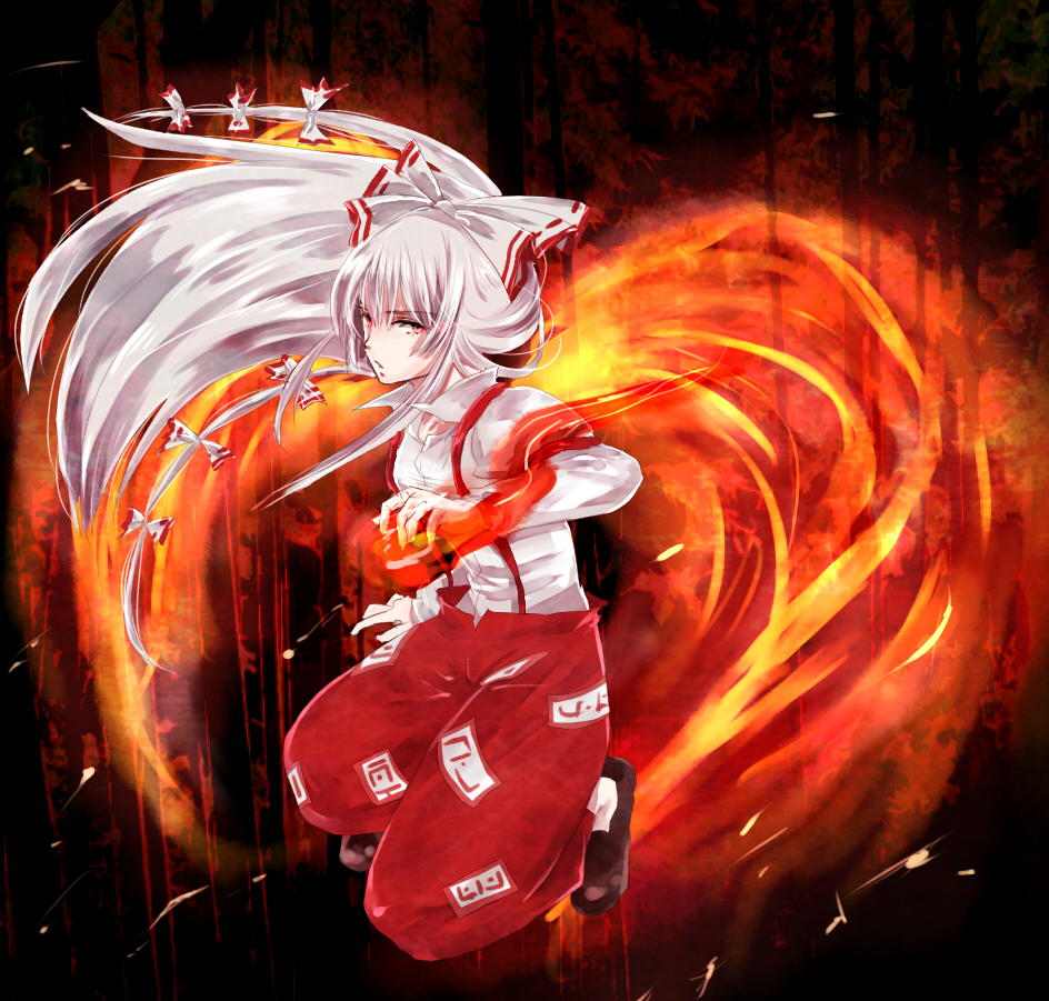 outlaw, unabara misumi, fujiwara no mokou, touhou, silver hair, bad id, bad pixiv id, 1girl, bow, female focus, fiery wings, fire, hair bow, hair ribbon, long hair, multiple hair bows, red eyes, ribbon, solo, suspenders, wings