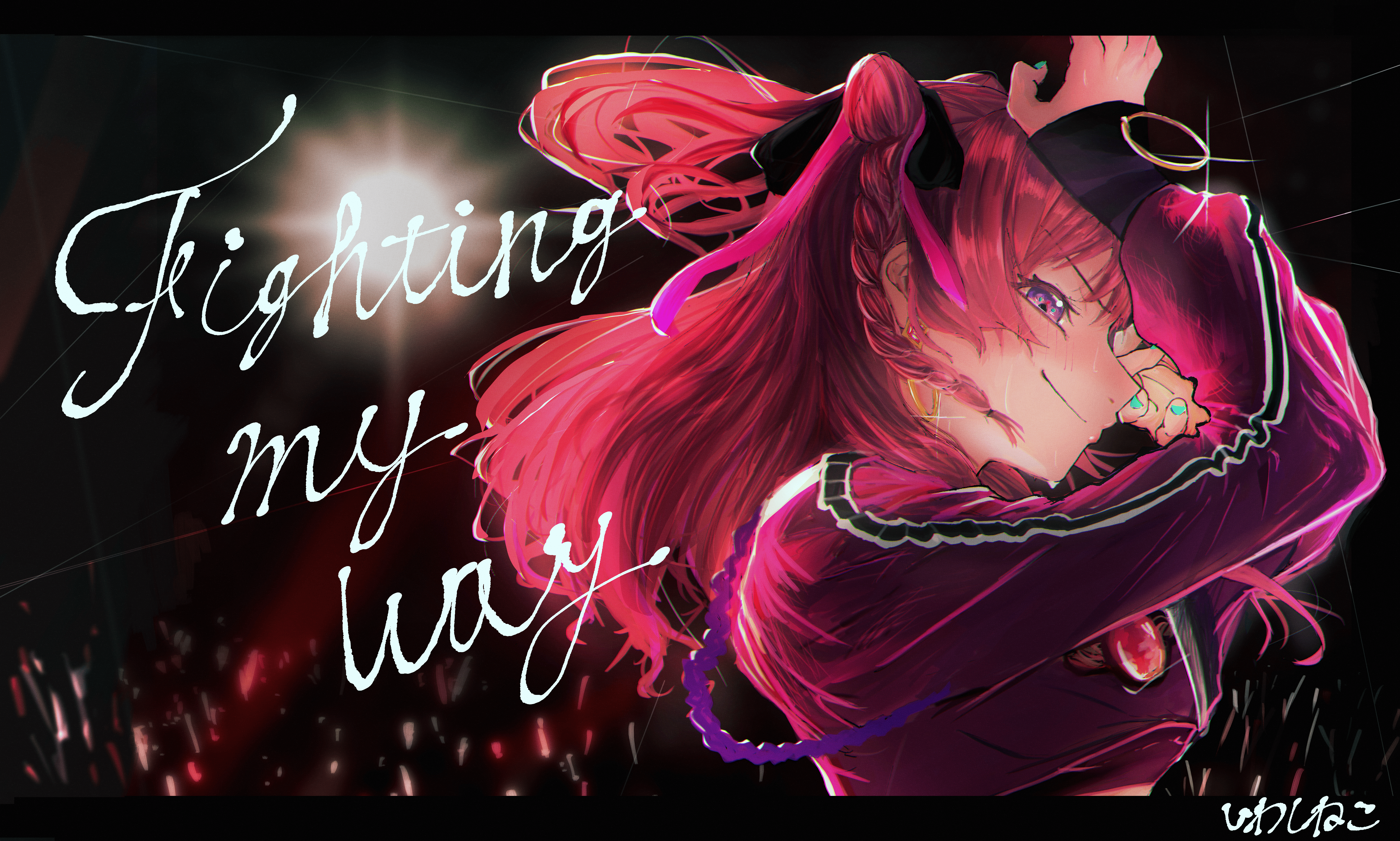 iwashi neko, hanami saki, gakuen idolmaster, idolmaster, absurdres, commentary, highres, 1girl, arms up, artist name, backlighting, blush, braid, cone hair bun, cropped jacket, earrings, english text, fighting my way (idolmaster), fingernails, glowstick, hair bun, hoop earrings, jacket, jewelry, letterboxed, long sleeves, medium hair, nail polish, official alternate costume, penlight (glowstick), pink jacket, profile, red hair, signature, smile, sweat, upper body