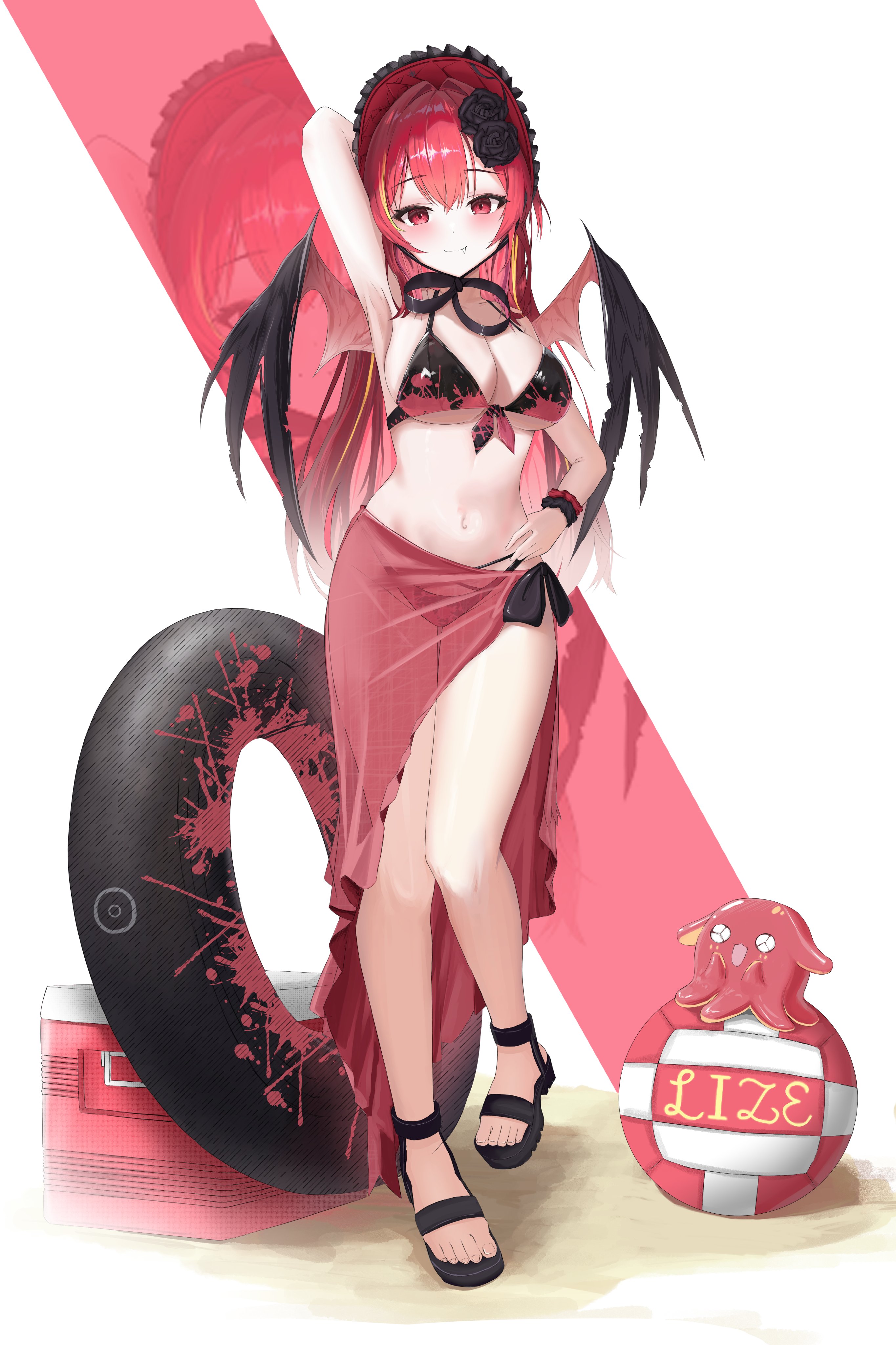 modon (abwqe12132), akane lize, stellive, absurdres, commentary request, highres, korean commentary, …, 1girl, alternate costume, arm behind head, arm up, armpits, bikini, black flower, black rose, black sandals, bonnet, breasts, closed mouth, cooler, double-parted bangs, fang, flower, full body, hair flower, hair ornament, innertube, large breasts, leg up, multicolored bikini, navel, pienna (akane lize), pink sarong, red eyes, red hair, rose, sandals, sarong, see-through clothes, see-through sarong, simple background, smile, solo, standing, standing on one leg, stomach, swim ring, swimsuit, thigh strap, vampire, white background, wings