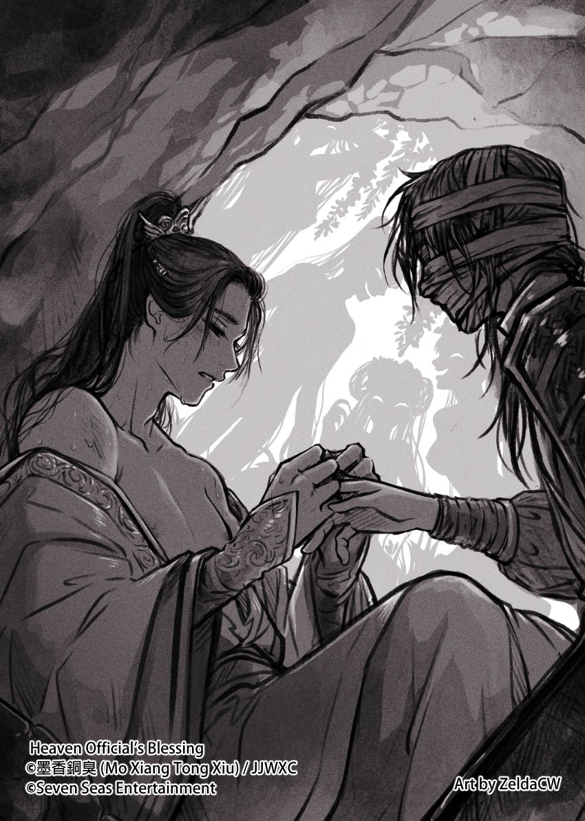 zelda c wang, hua cheng, hua cheng (young), xie lian, xie lian (flower crowned martial god), tianguan cifu, commentary, english commentary, official art, 2boys, armor, artist name, bandage on face, bandaged head, bandages, bare pectorals, bare shoulders, black hair, bracer, cave, chinese armor, chinese clothes, clenched teeth, closed eyes, collarbone, copyright name, eyed silhouette, greyscale, hair ornament, hand grab, hanfu, high ponytail, long hair, long sleeves, male focus, monochrome, multiple boys, nipples, official alternate costume, official alternate hairstyle, open clothes, open robe, ornate clothes, partially undressed, pectorals, ponytail, prince, robe, silhouette, sitting, sweat, sweatdrop, teeth, watermark, wide sleeves, xiao guan (headdress), yaoi