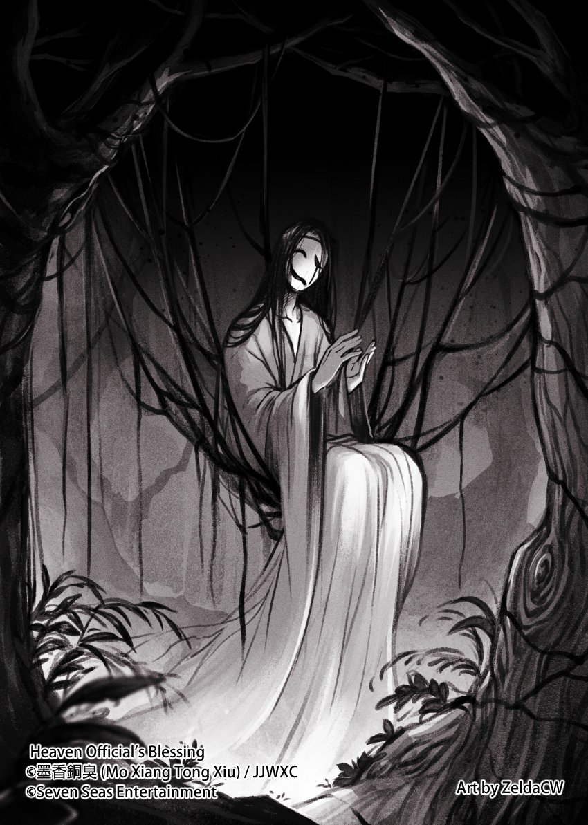 zelda c wang, bai wuxiang, tianguan cifu, official art, 1boy, artist name, black hair, chinese clothes, copyright name, greyscale, hanfu, horror (theme), long hair, long sleeves, male focus, mask, monochrome, outdoors, sitting, solo, tree, very long hair, watermark, white hanfu, white mask, wide sleeves