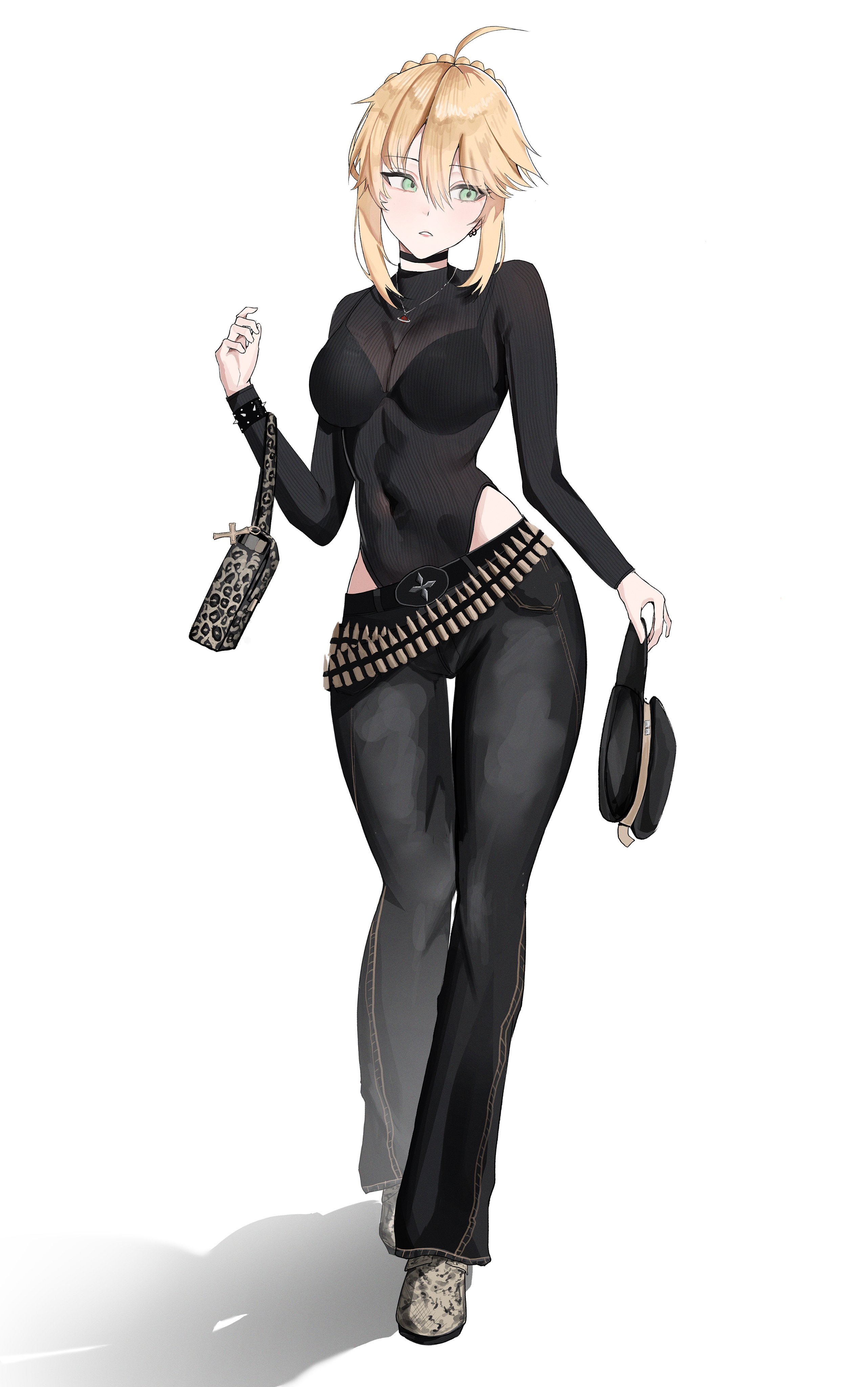 salsa dance, artoria pendragon (fate), saber (fate), fate/grand order, fate/stay night, fate (series), type-moon, absurdres, commentary, english commentary, highres, 1girl, ahoge, alternate breast size (larger), bag, bandolier, belt, black leotard, black pants, blonde hair, blush, braid, braided bun, breasts, choker, covered navel, full body, green eyes, hair bun, handbag, highleg, highleg leotard, jewelry, leotard, leotard under clothes, long sleeves, looking at viewer, looking down, looking to the side, medium breasts, necklace, pants, simple background, sleeved leotard, solo, standing, thigh gap, walking, white background