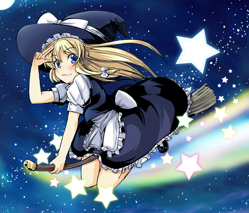 gin'ichi (akacia), ginichi, kirisame marisa, touhou, 1girl, blonde hair, blue eyes, broom, broom riding, female focus, flying, hat, long hair, solo, star (symbol), witch, witch hat