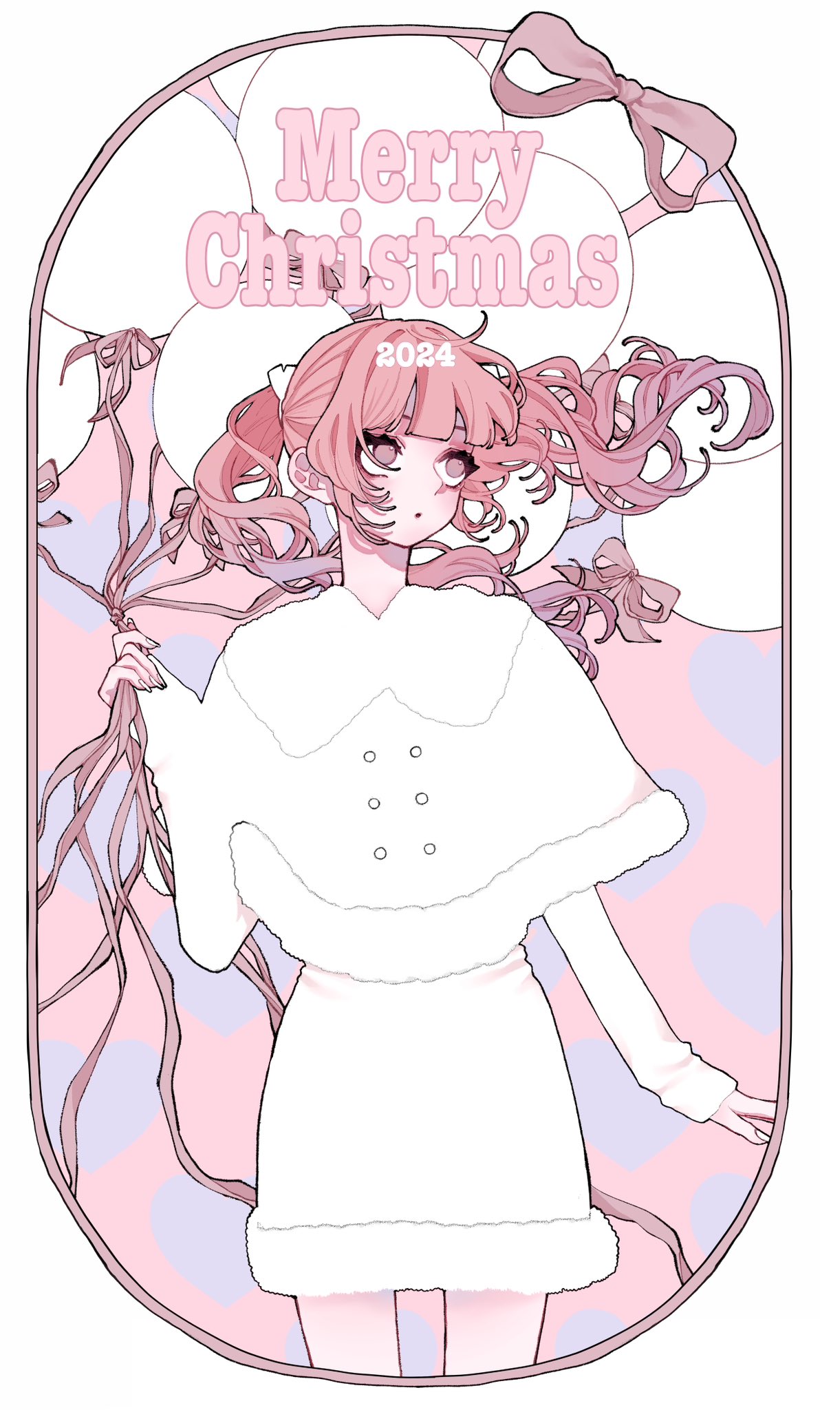 uzcoco 66, commentary, hashtag-only commentary, highres, 1girl, 2024, balloon, blunt bangs, capelet, cowboy shot, dress, eyeshadow, fall in love you false angels, floating hair, holding, holding balloon, katsura otogi, long sleeves, looking to the side, makeup, merry christmas, pink eyes, pink eyeshadow, pink hair, solo, white capelet, white dress