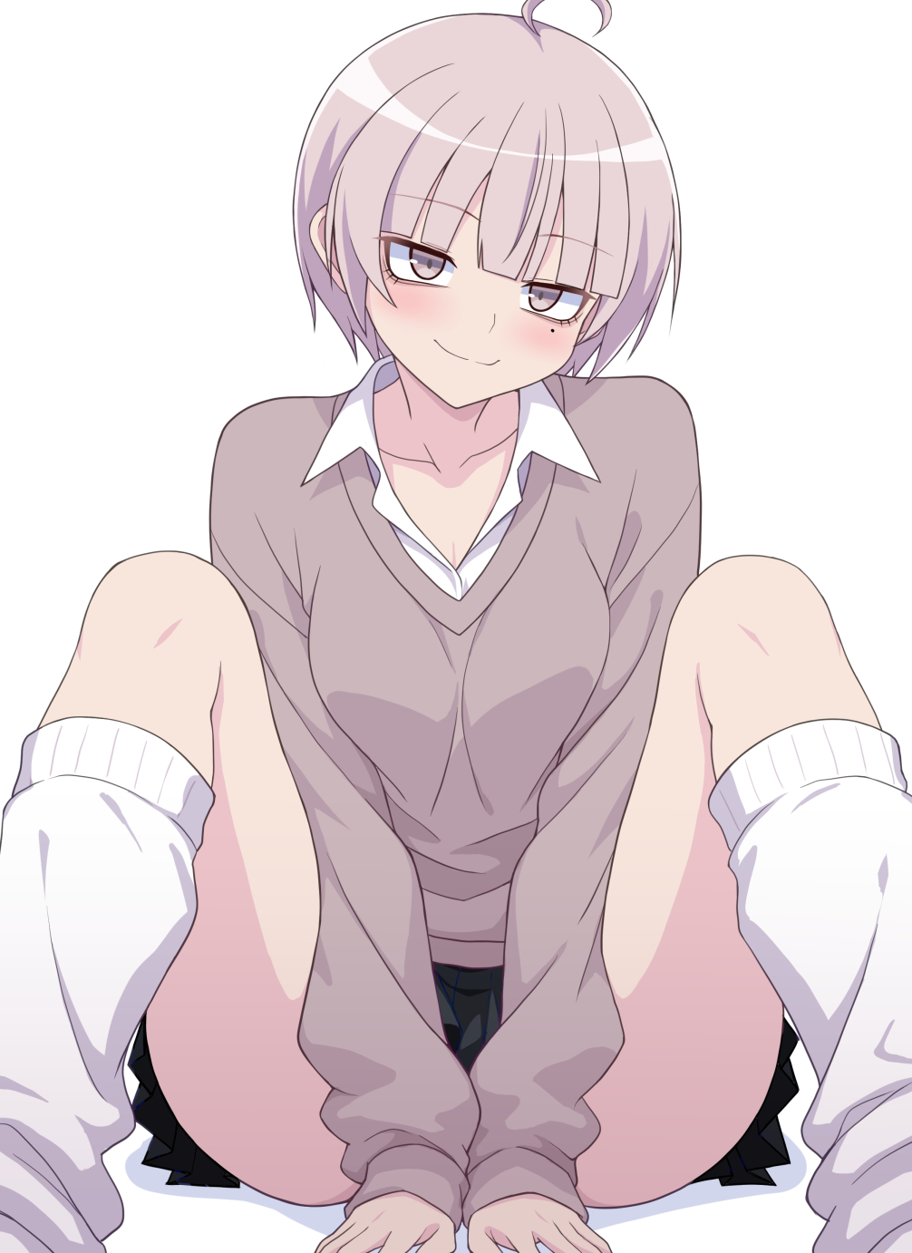 zack (haiuinndo), original, commentary request, highres, 1girl, ahoge, between legs, black skirt, blunt bangs, blush, breasts, cleavage, closed mouth, collarbone, collared shirt, feet out of frame, grey eyes, grey hair, grey sweater, hand between legs, kneehighs, knees up, long sleeves, looking at viewer, loose socks, medium breasts, miniskirt, mole, mole under eye, school uniform, shirt, short hair, simple background, sitting, skirt, sleeves past wrists, smile, socks, solo, sweater, v arms, white background, white shirt, white socks