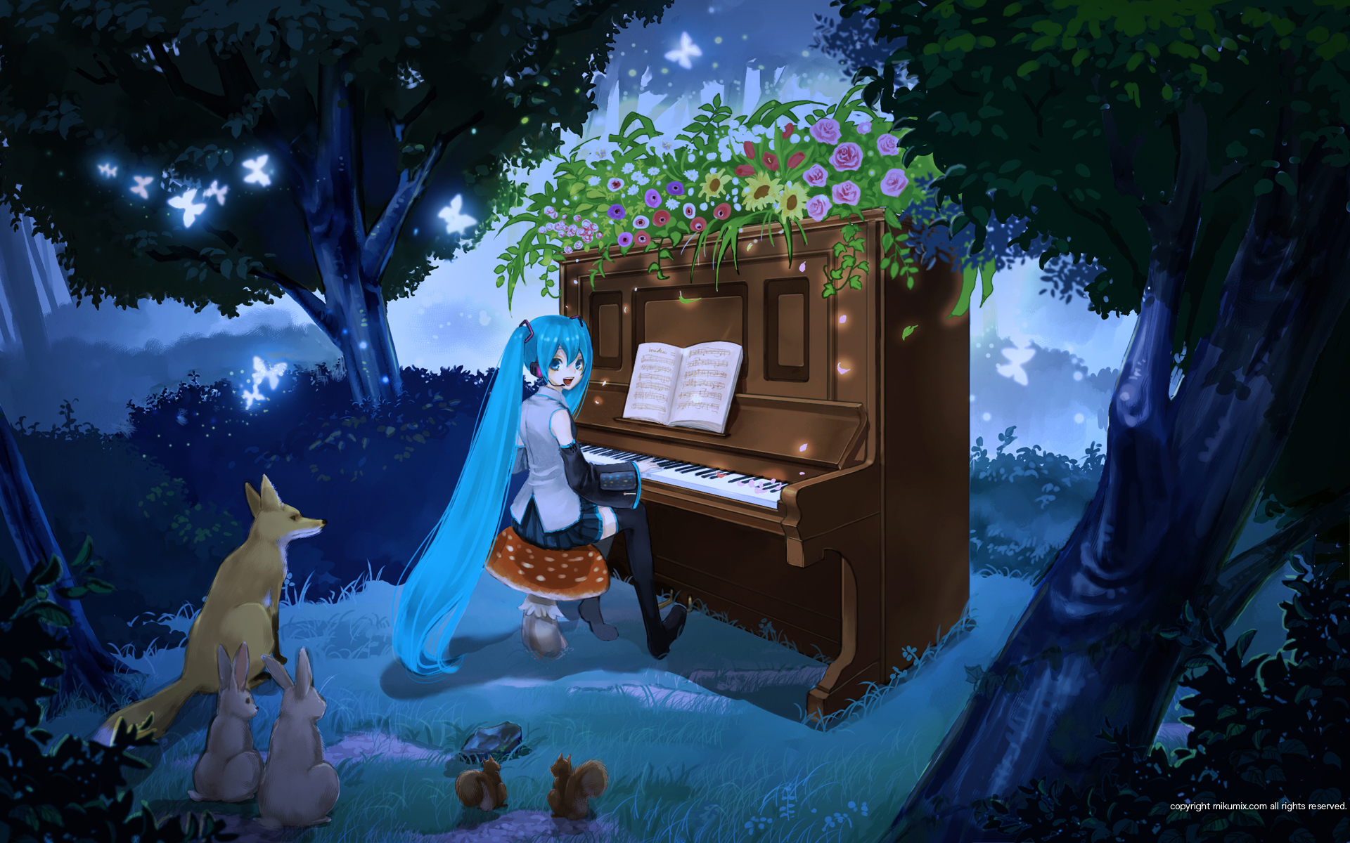 maca, hatsune miku, mikumix, vocaloid, highres, aqua eyes, aqua hair, bug, butterfly, detached sleeves, flower, fox, headphones, headset, insect, instrument, long hair, looking back, mushroom, night, piano, rabbit, sheet music, sitting, skirt, smile, solo, squirrel, thighhighs, twintails, upright piano, very long hair
