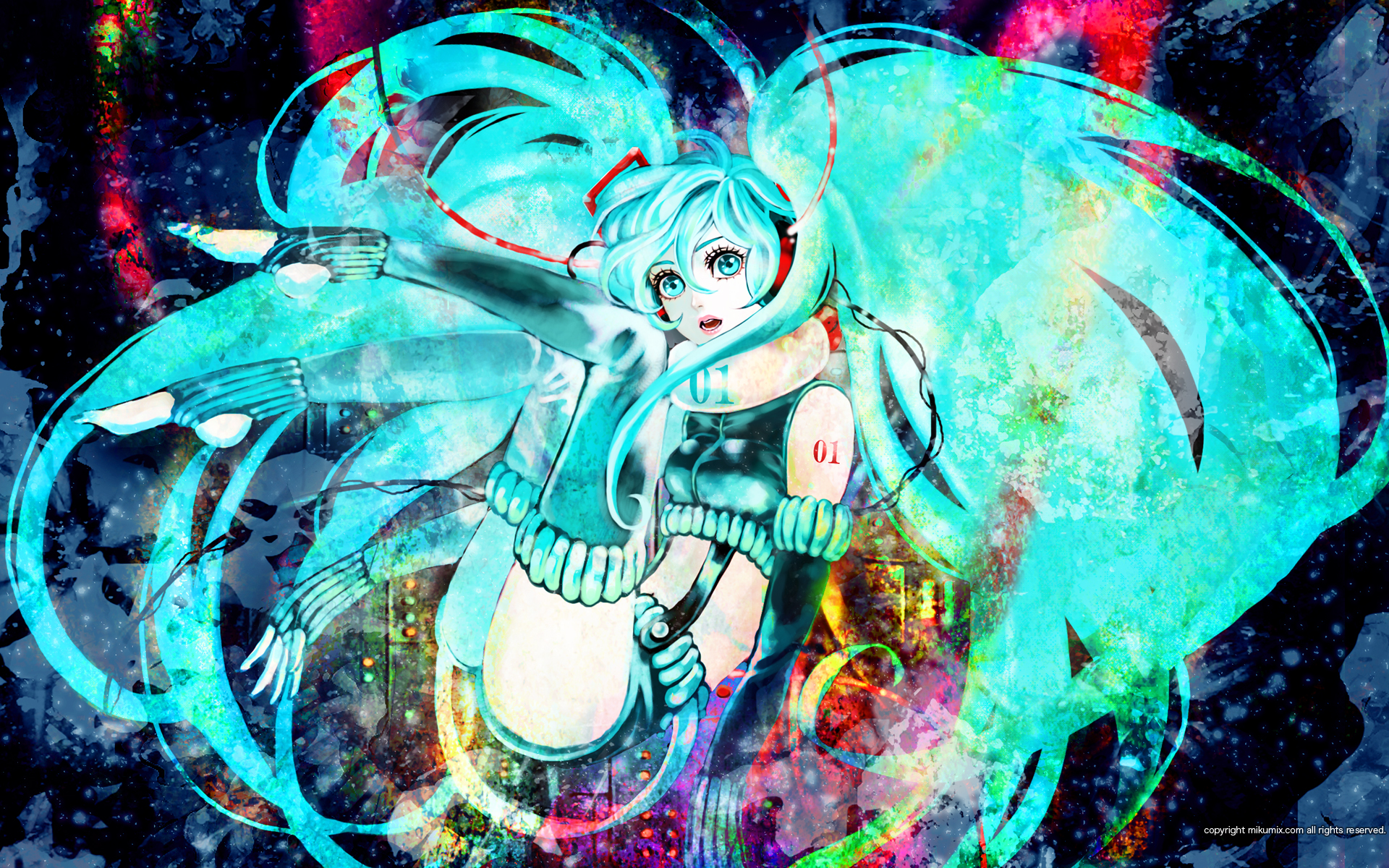himemiko, hatsune miku, mikumix, vocaloid, highres, 1girl, aqua eyes, aqua hair, elbow gloves, female focus, fingerless gloves, gloves, long hair, midriff, navel, shorts, solo, thighhighs, twintails, very long hair