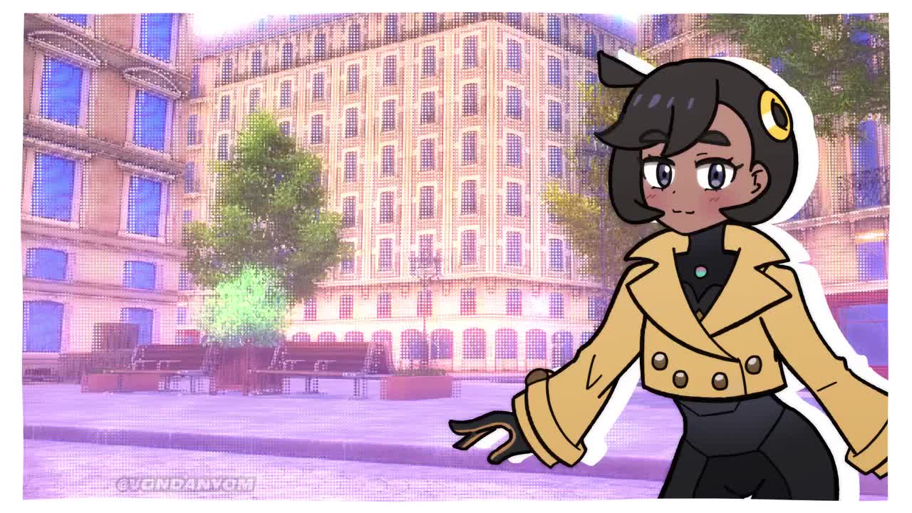 vondanyom, emma (pokemon), espurr, harmony (pokemon), totodile, nintendo, pokemon, pokemon legends: z-a, animated, tagme, video, 2girls, belt, blush, bodysuit, brown hair, closed eyes, dark-skinned female, dark skin, gen 2 pokemon, gen 6 pokemon, hat, jacket, medium hair, multiple girls, pants, purple eyes, shirt