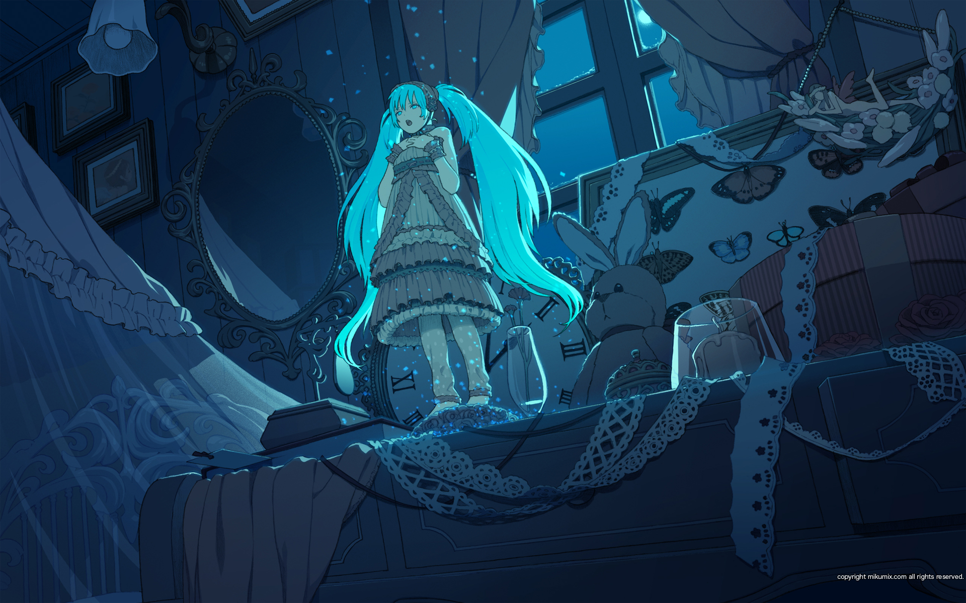 honya lala, hatsune miku, lol -lots of laugh- (vocaloid), mikumix, vocaloid, highres, 1girl, aqua eyes, aqua hair, bug, butterfly, candle, dress, female focus, flower, frills, hairband, indoors, insect, long hair, mirror, night, rabbit, ribbon, rose, solo, stuffed animal, stuffed rabbit, stuffed toy, twintails, very long hair, window